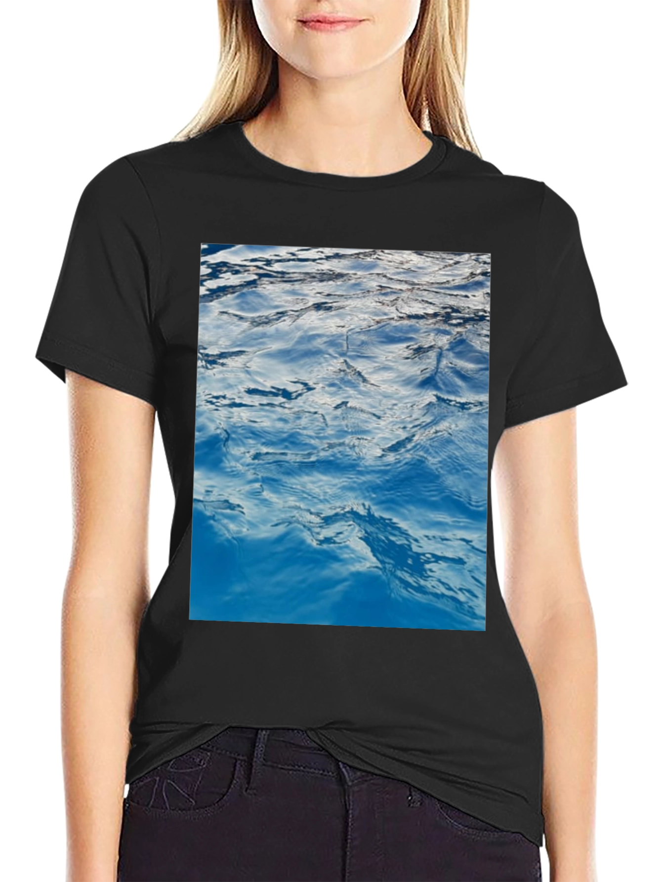 Black Ocean Waves Graphic Print Black T-Shirt view 2