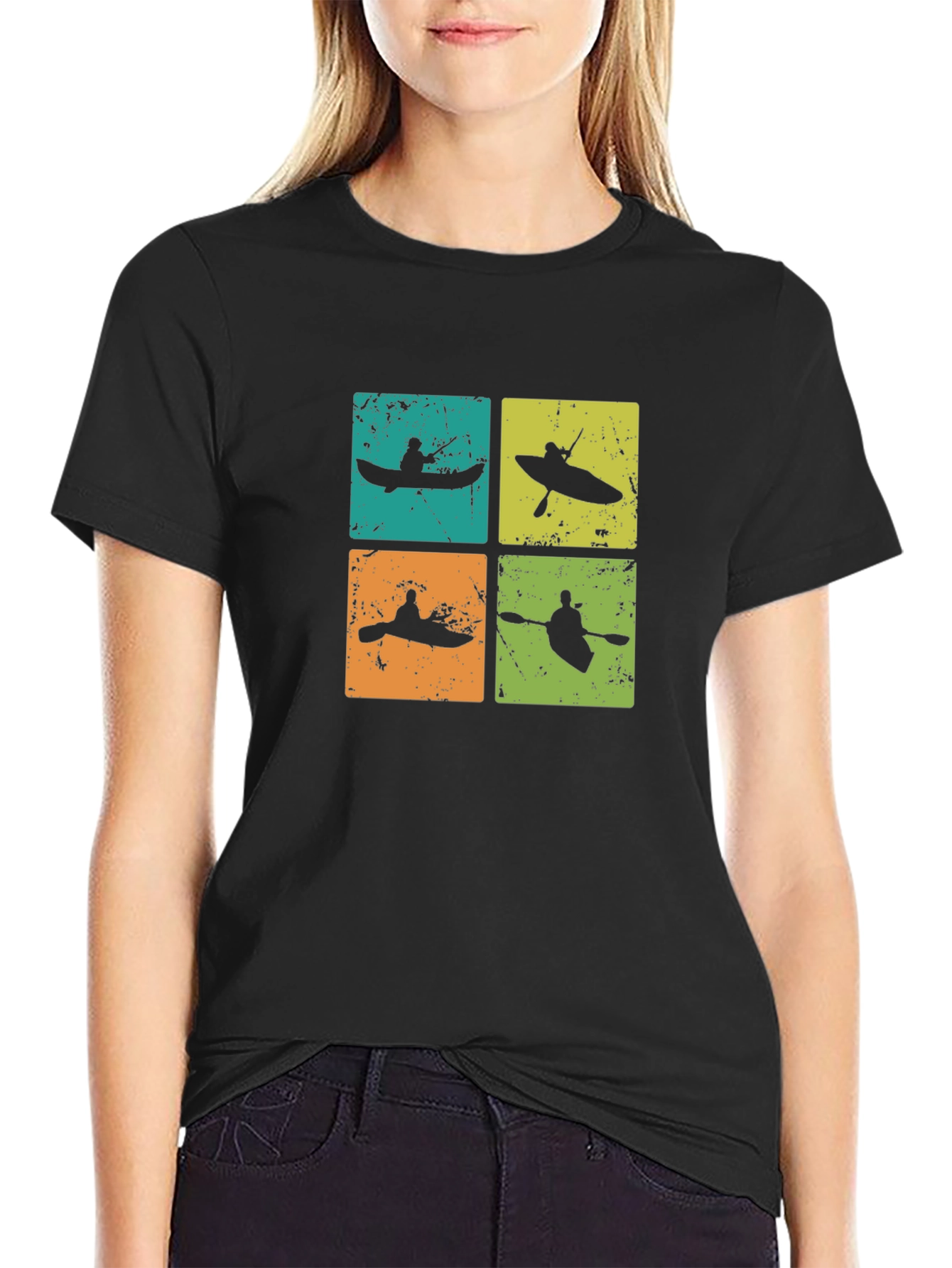 Black Retro Kayak Silhouette Graphic T-Shirt - Paddling Adventure Tee view 2