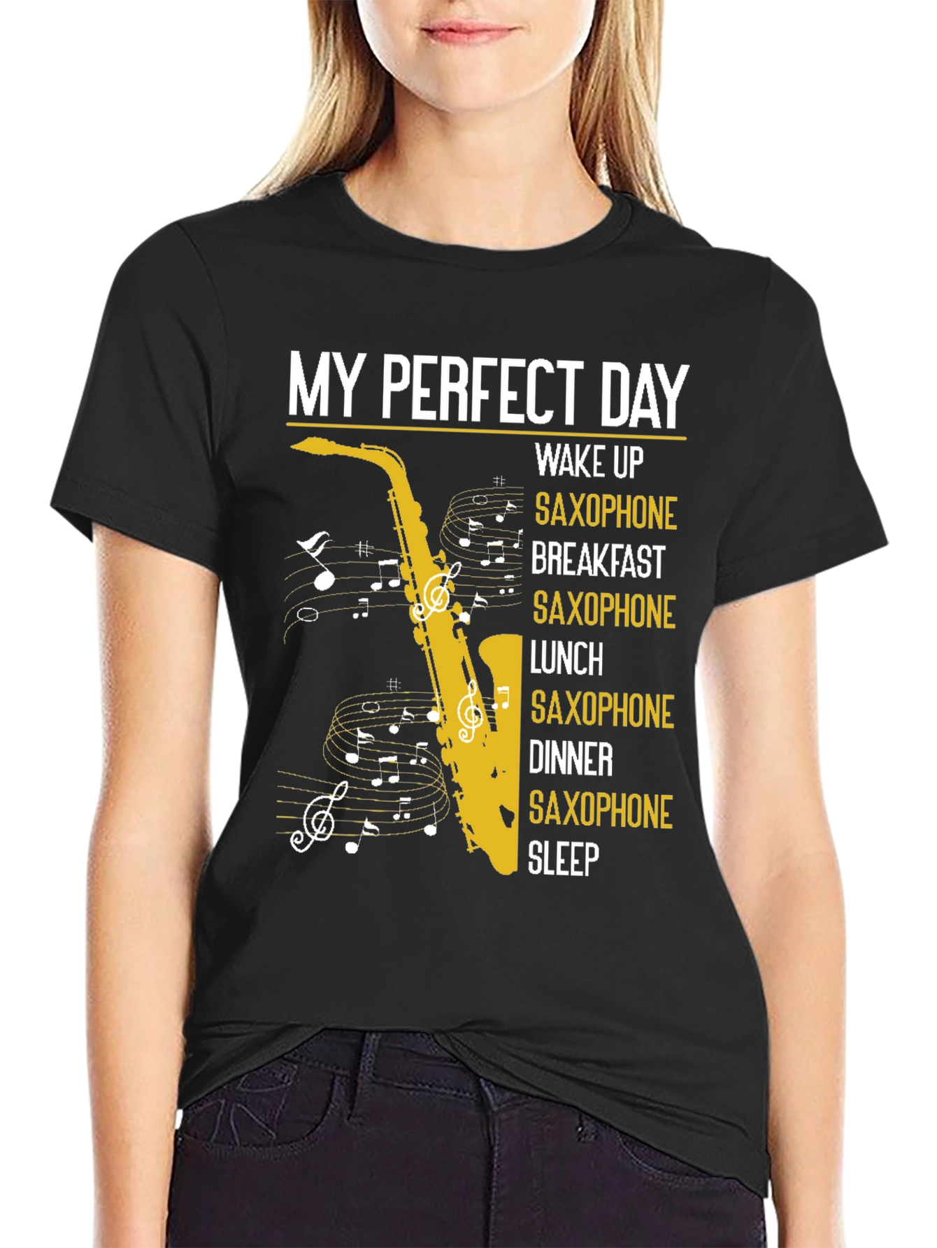 Black My Perfect Day Saxophone T-Shirt view 2