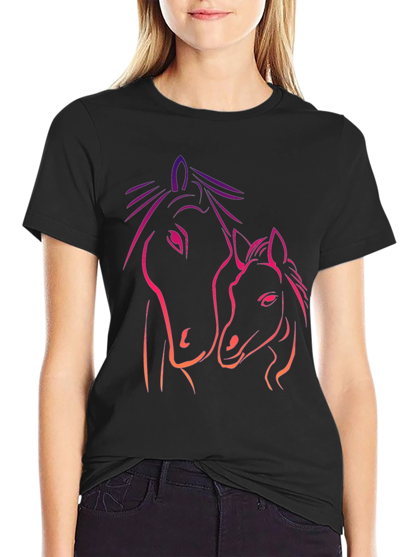 Black Horse Mama & Foal Graphic Tee - Black Cotton T-Shirt view 2