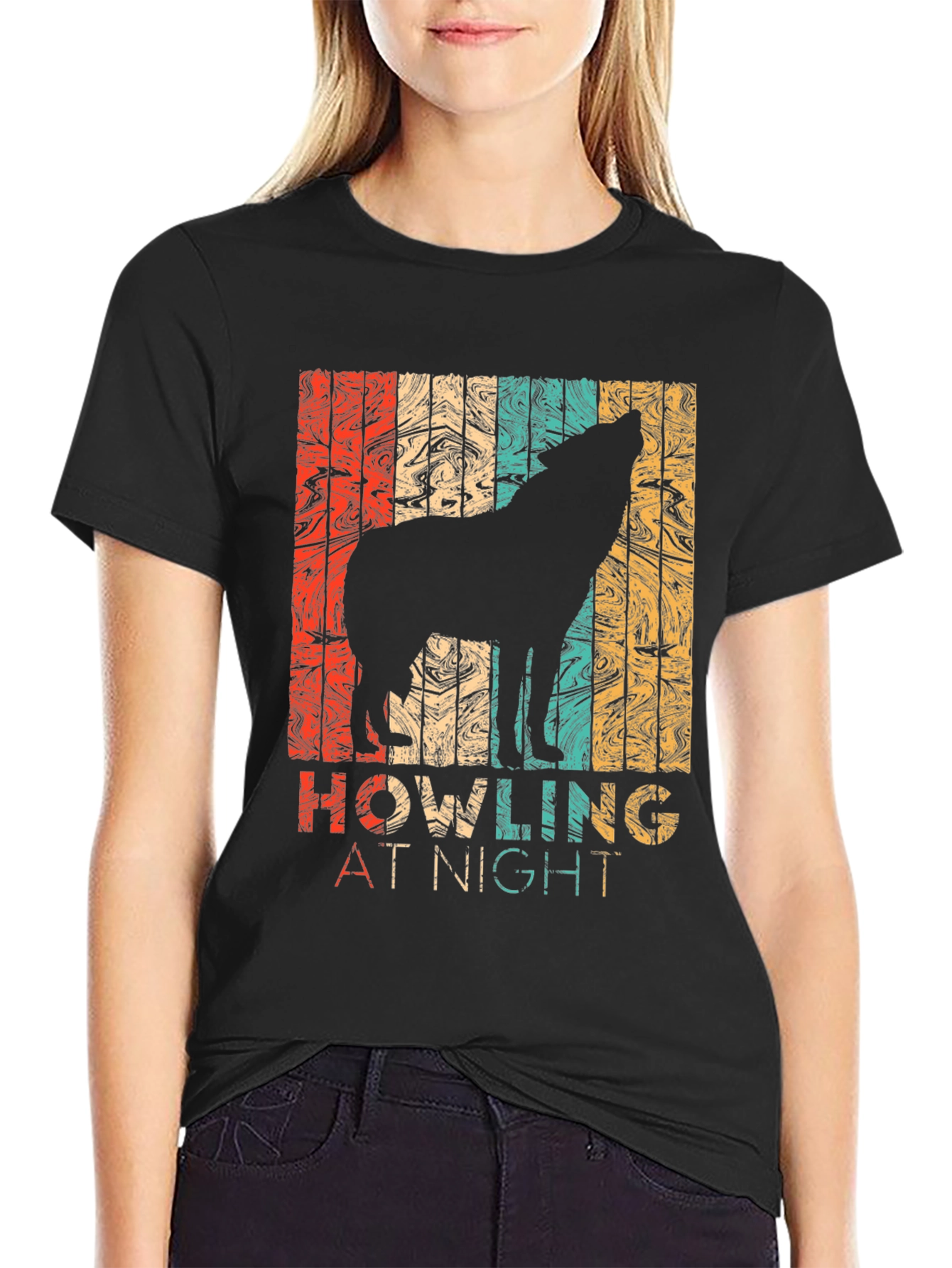 Black Retro Wolf Howling at Night Graphic T-Shirt view 2
