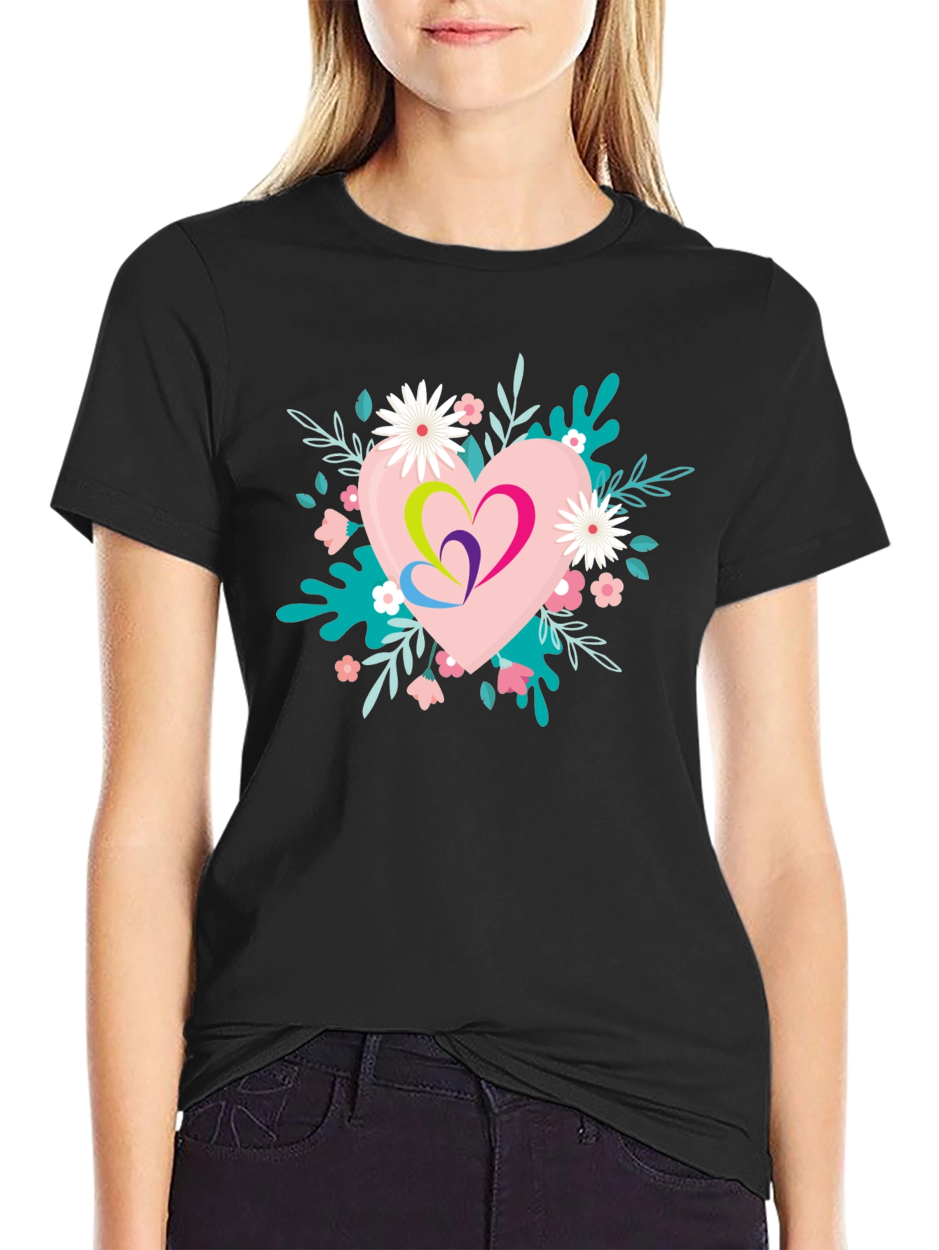 Black Floral Heart Graphic Black T-Shirt view 2