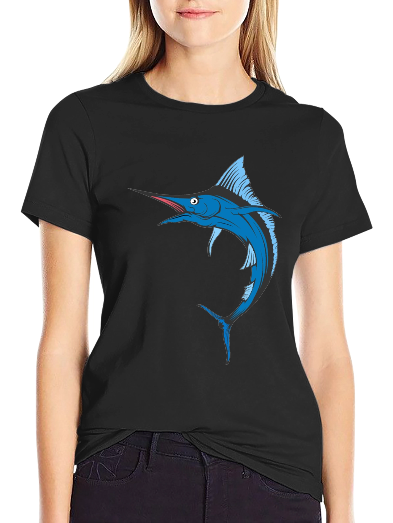 Black Blue Marlin Fish Graphic T-Shirt - Black Cotton Tee view 2