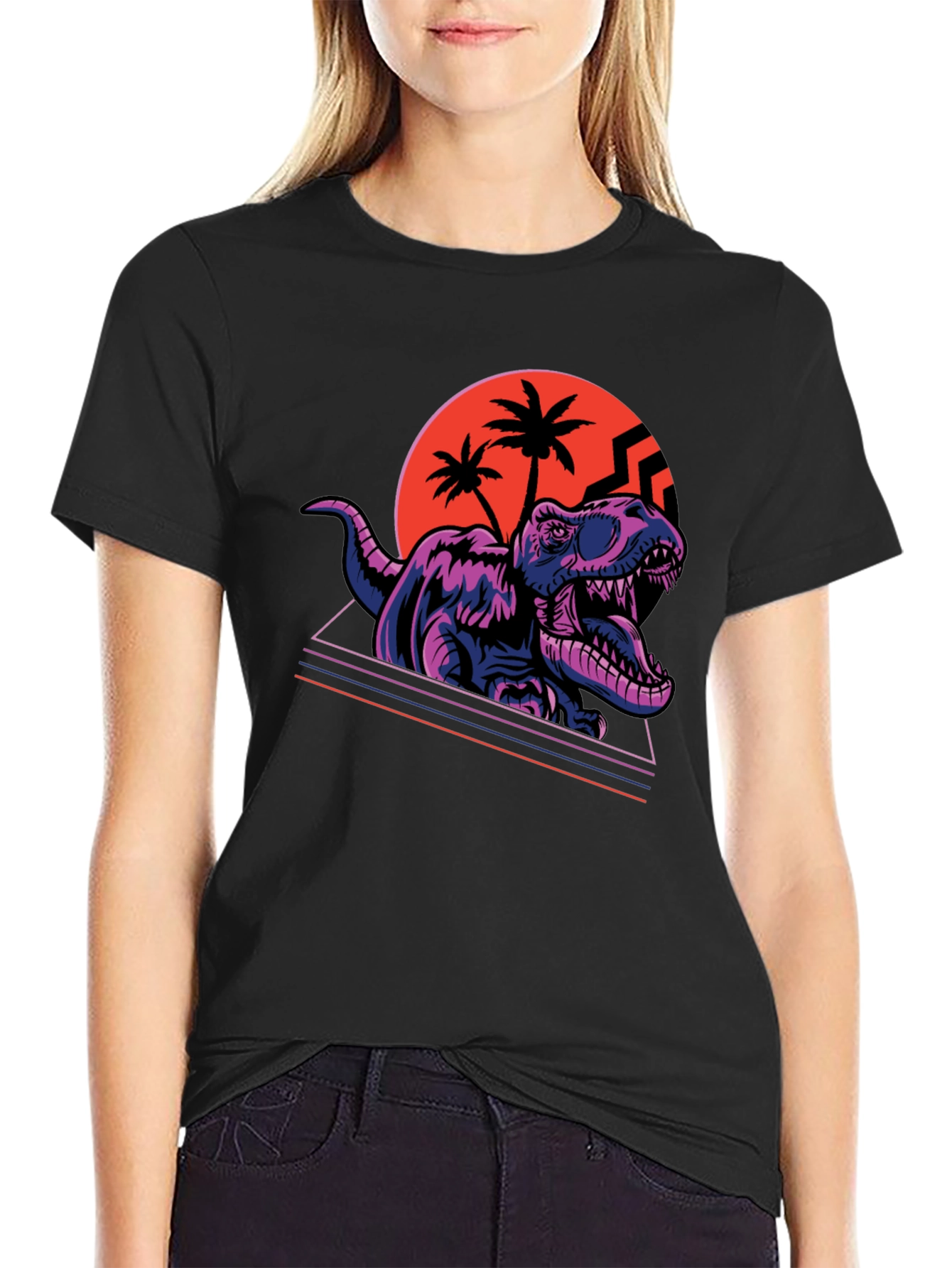 Black Retro Dinosaur T-Shirt - Synthwave Rex Tee view 2