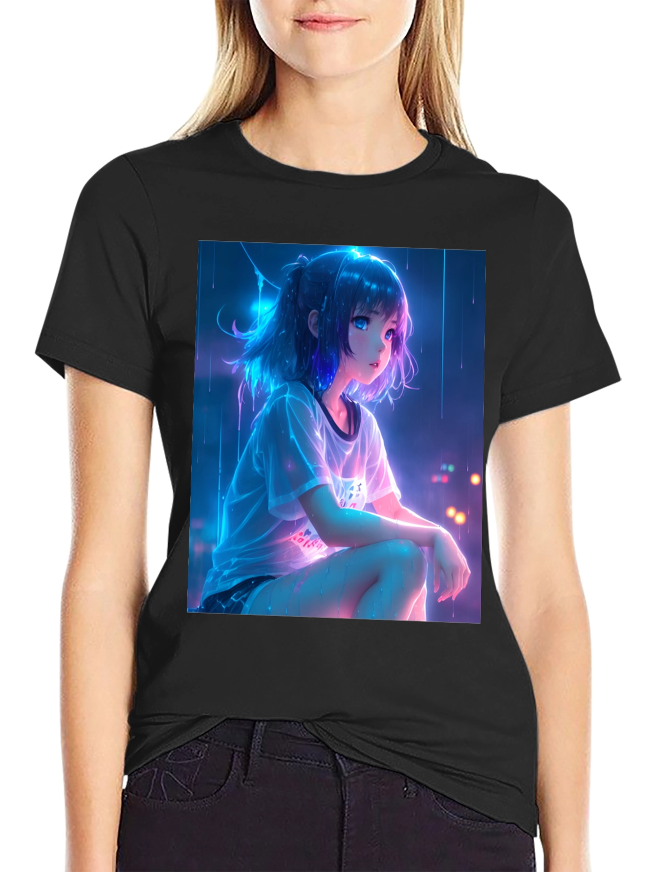 Black Anime Girl Graphic Black T-Shirt view 2