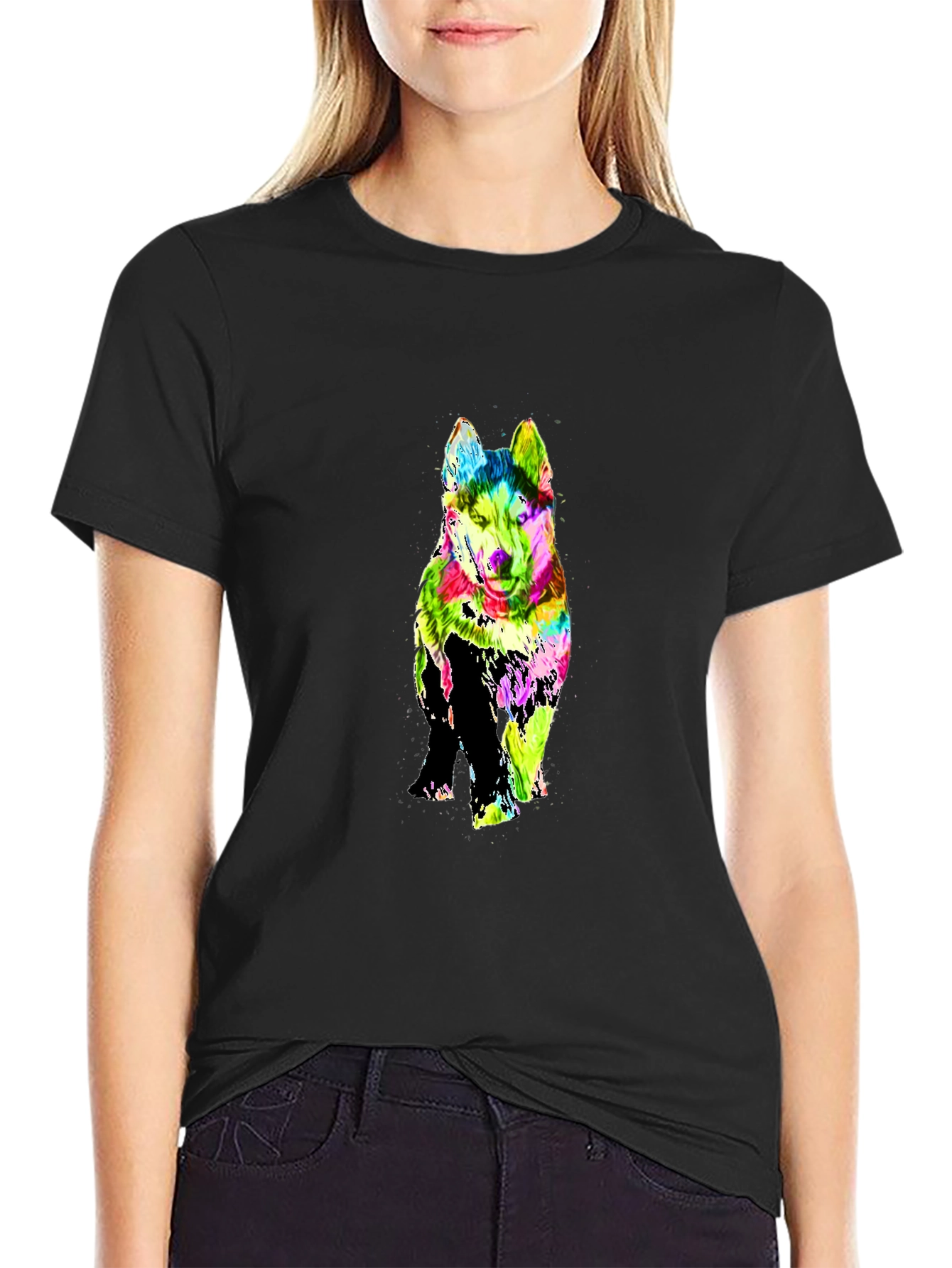 Black Colorful Husky Graphic Print Black T-Shirt view 2