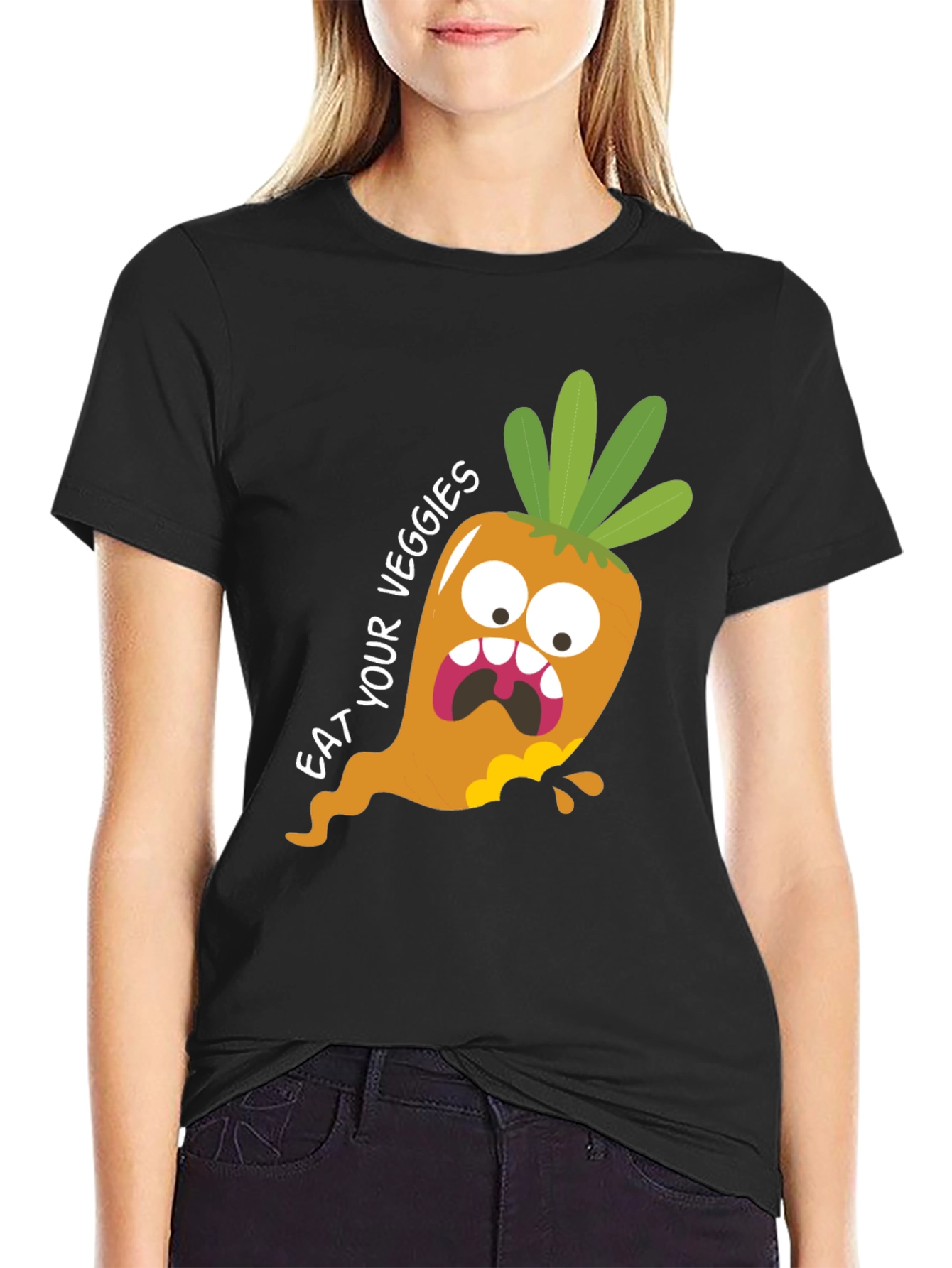 Black Eat Your Veggies T-Shirt: Funny Carrot Graphic Tee view 2