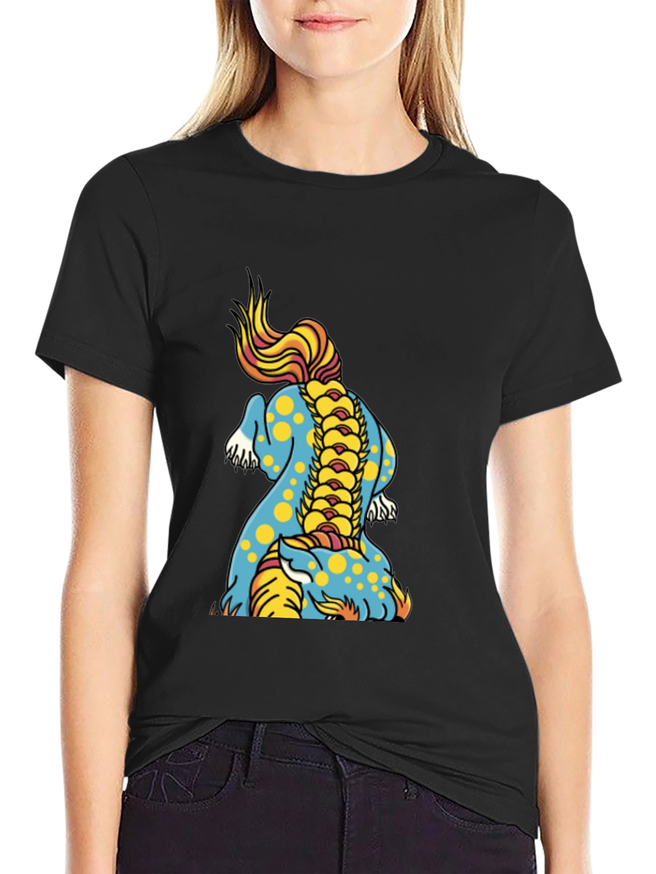 Black Men's Black T-Shirt with Colorful Dragon Design view 2