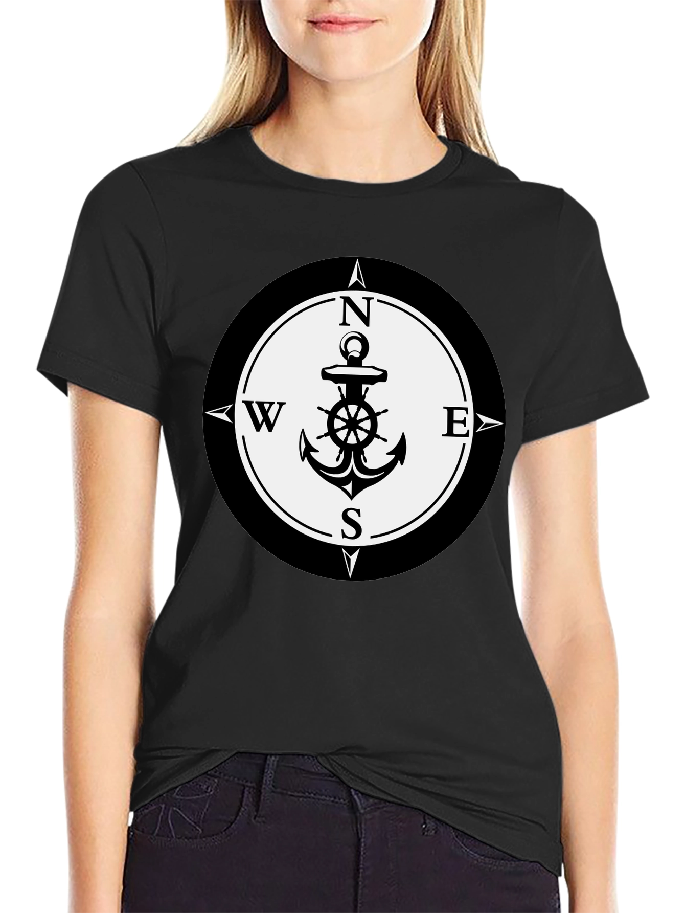 Black Nautical Anchor Compass Rose Graphic Tee - Black view 2