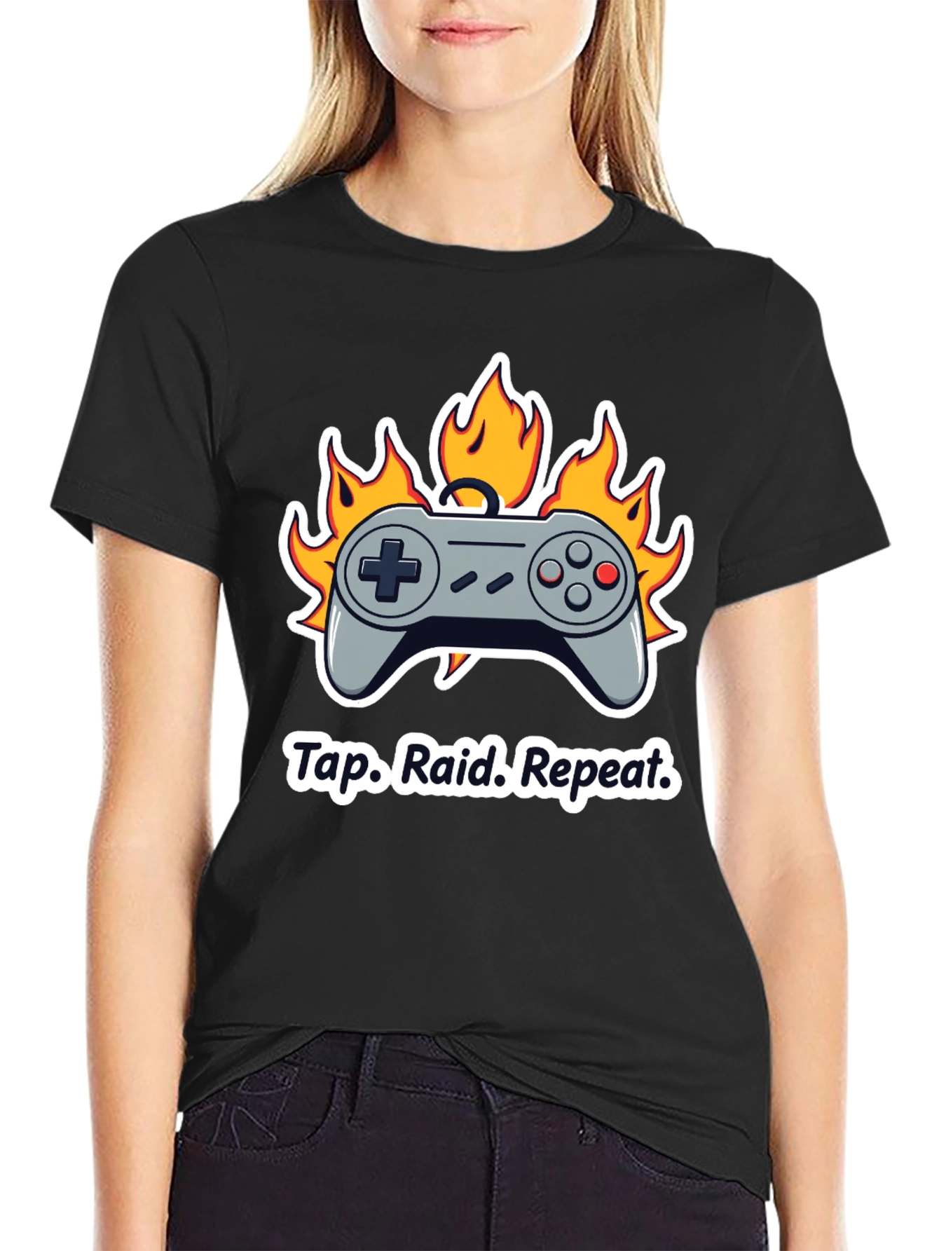 Black Gamer T-Shirt: Tap Raid Repeat - Controller in Flames view 2