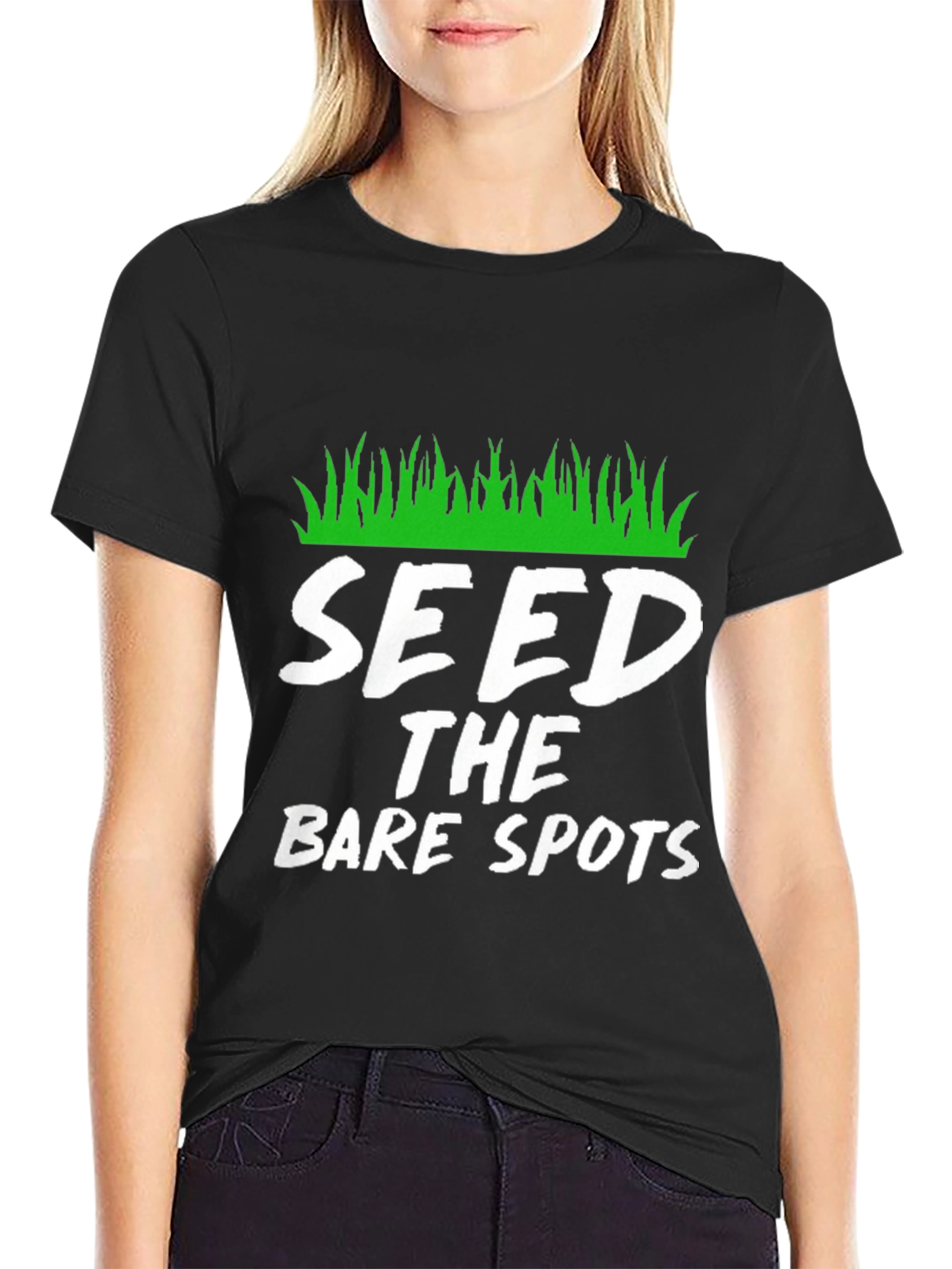Black Seed the Bare Spots Funny Lawn Care T-Shirt view 2