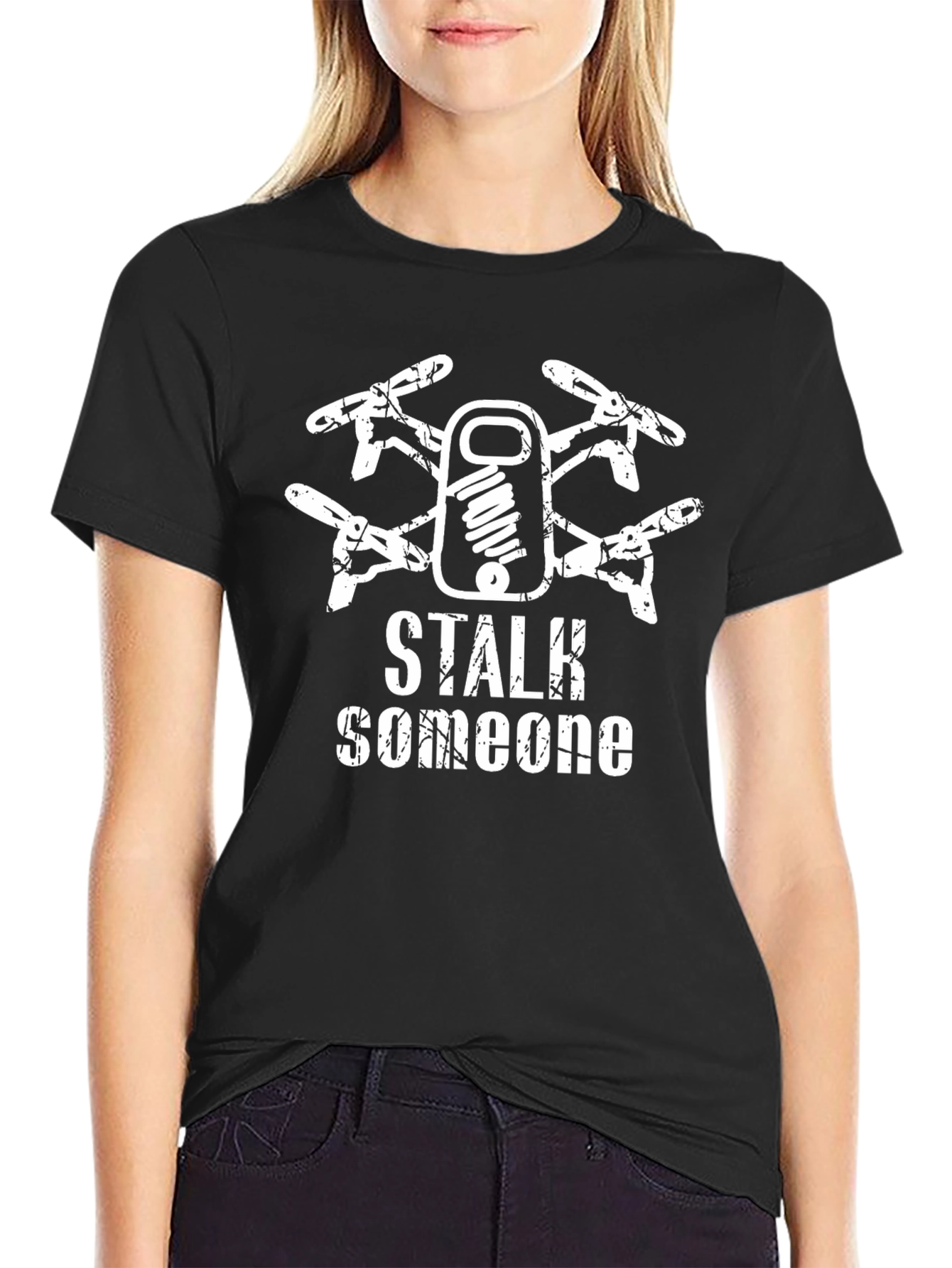 Black Stalk Someone Drone Graphic Black T-Shirt view 2