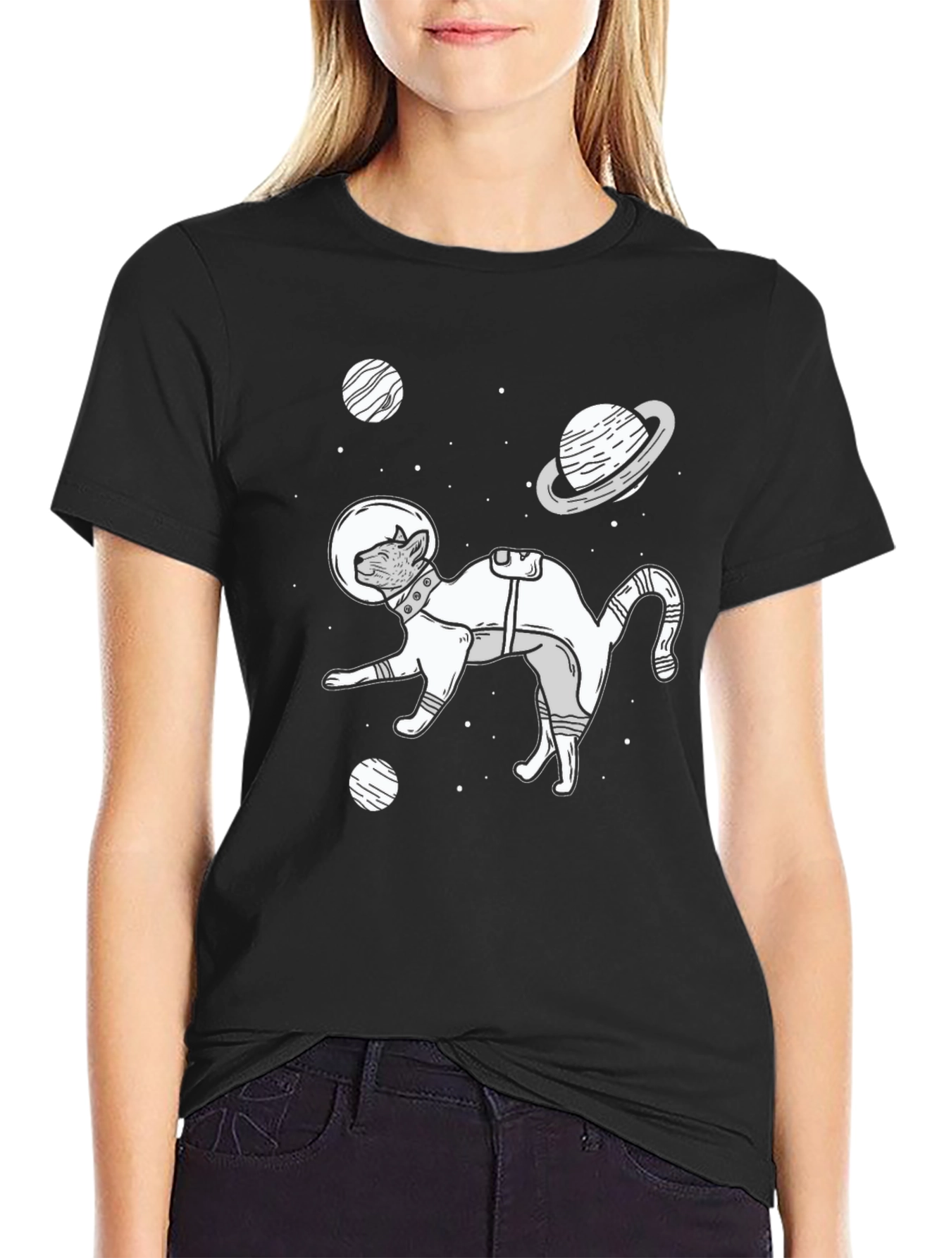 Black Cat Astronaut T-Shirt - Space Adventure Tee view 2