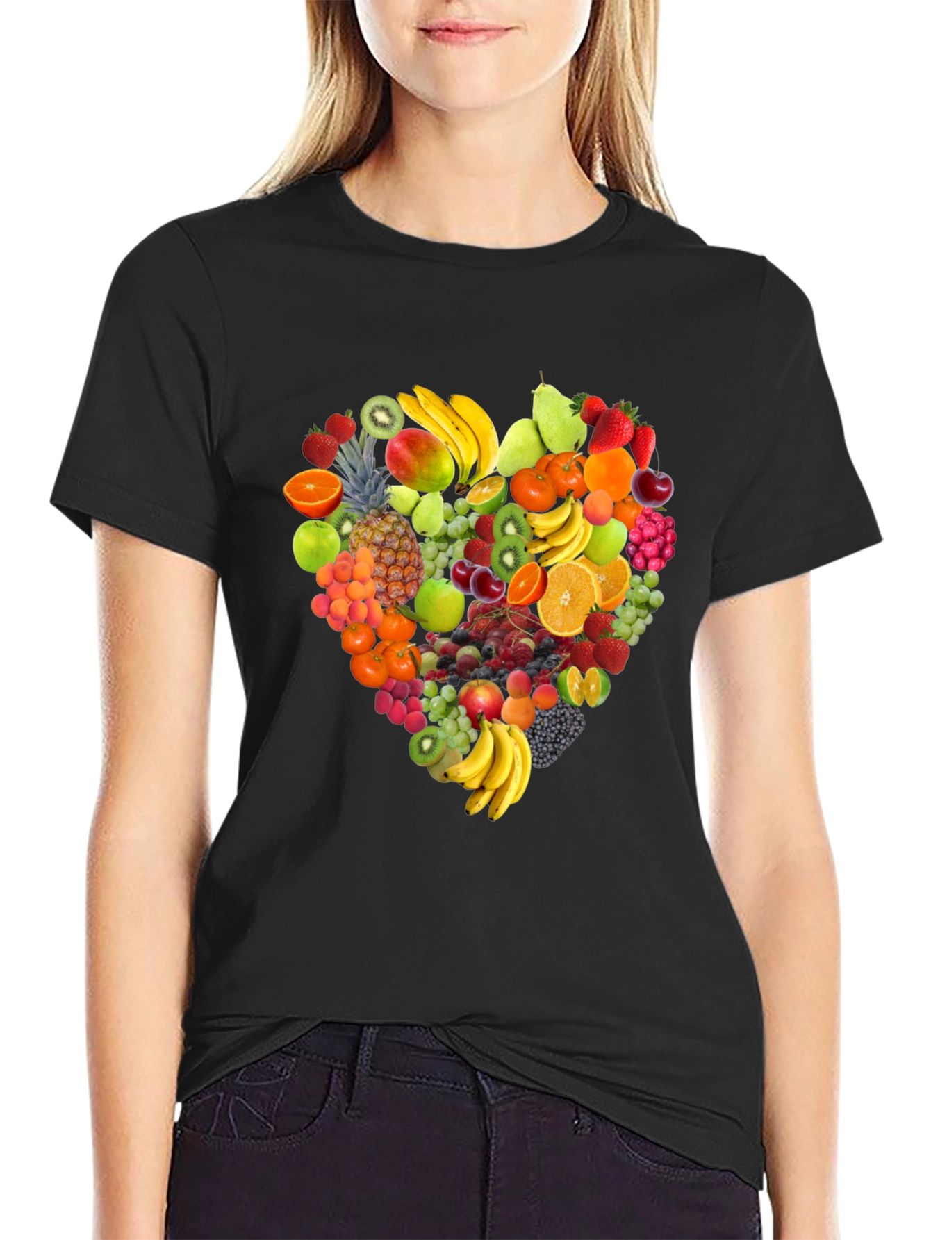 Black Fruit Heart Graphic Print Black T-Shirt view 2