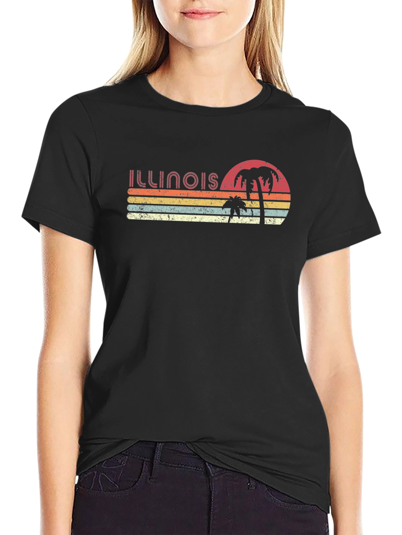 Black Retro Illinois Palm Sunset T-Shirt view 2
