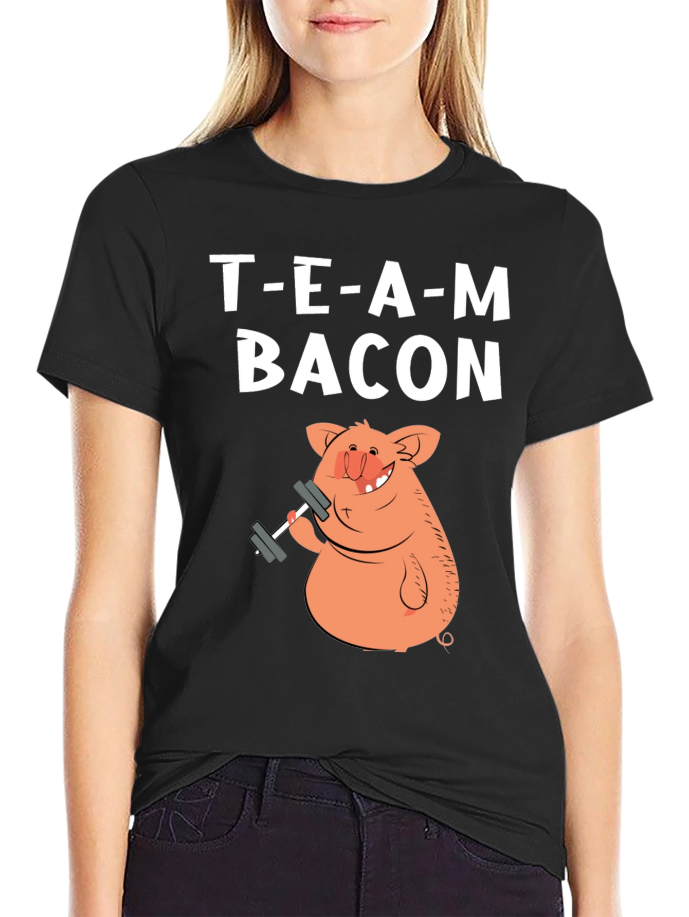 Black Team Bacon Pig Lifting Weights Graphic T-Shirt view 2
