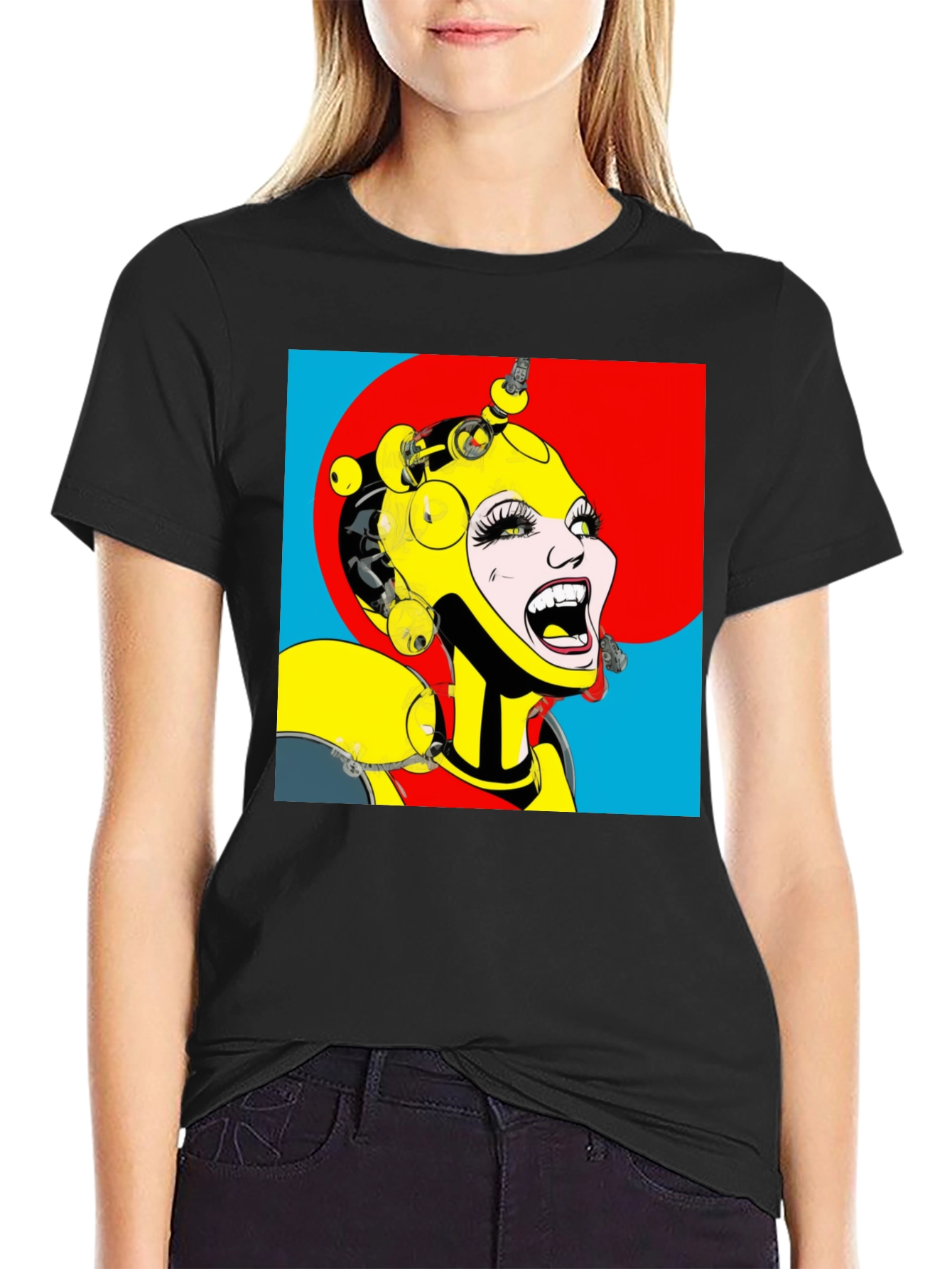 Black Pop Art Robot Woman Graphic T-Shirt view 2