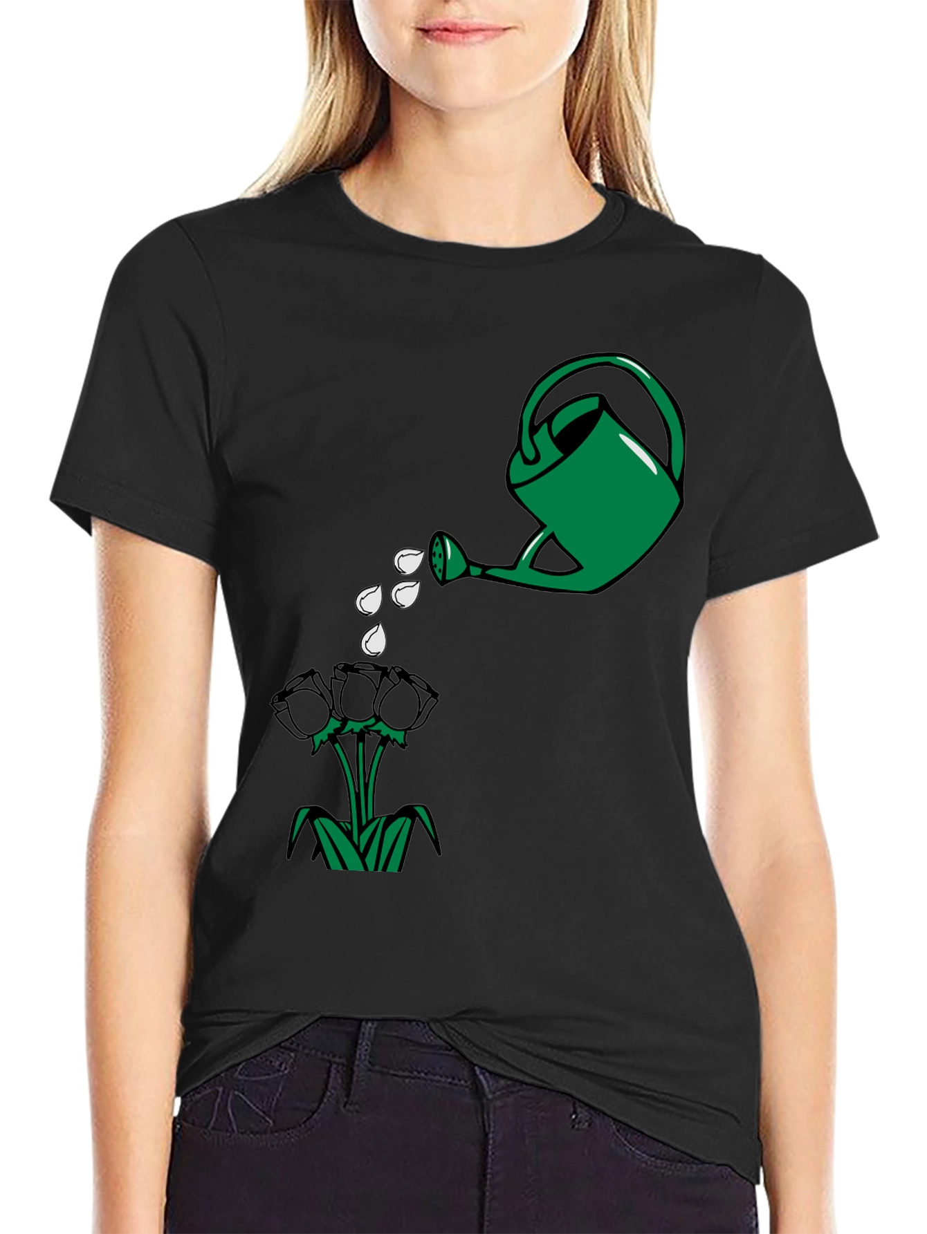 Black Watering Can & Flowers Graphic T-Shirt view 2