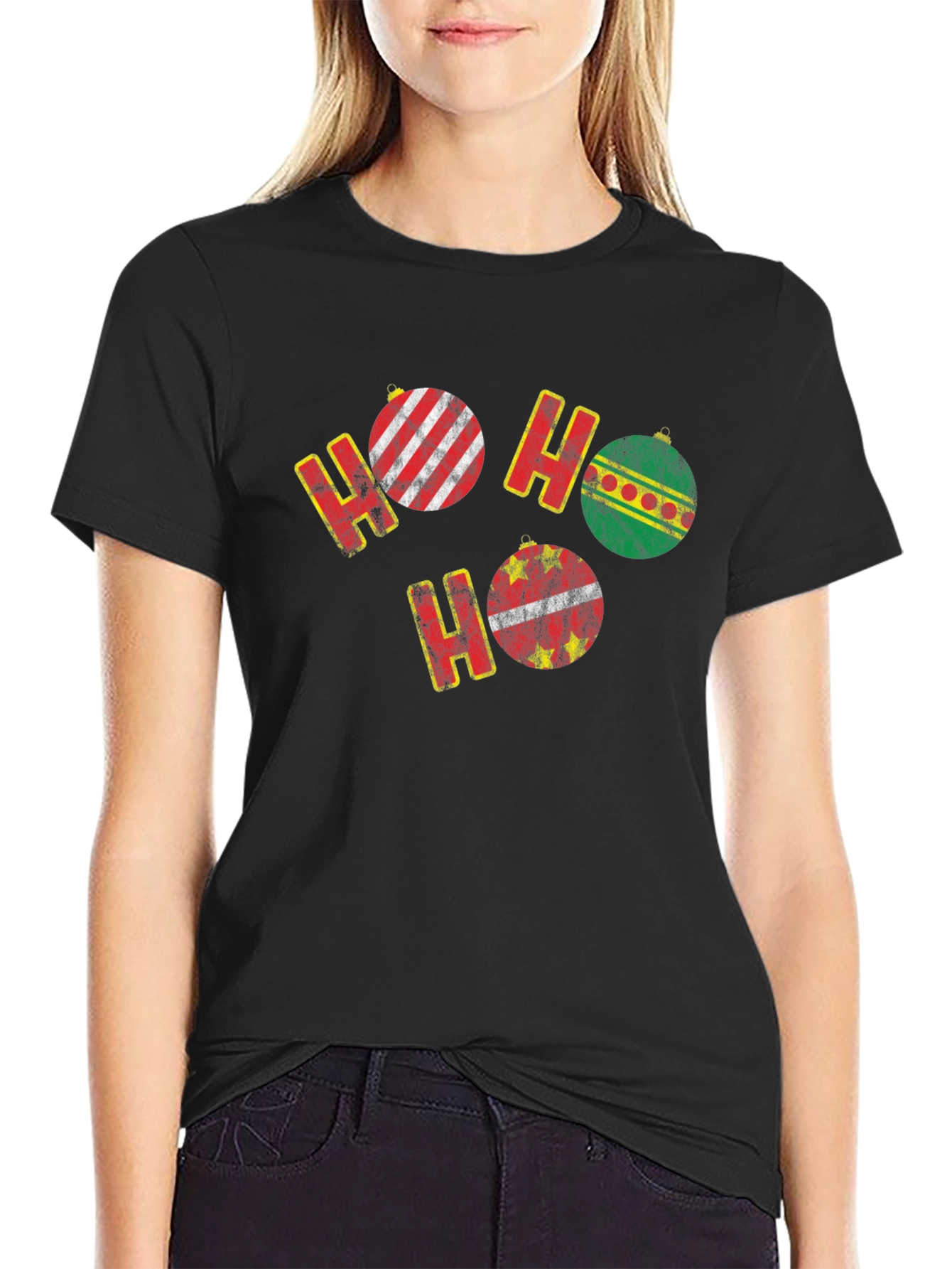 Black Festive Ho Ho Ho Christmas Ornament T-Shirt view 2