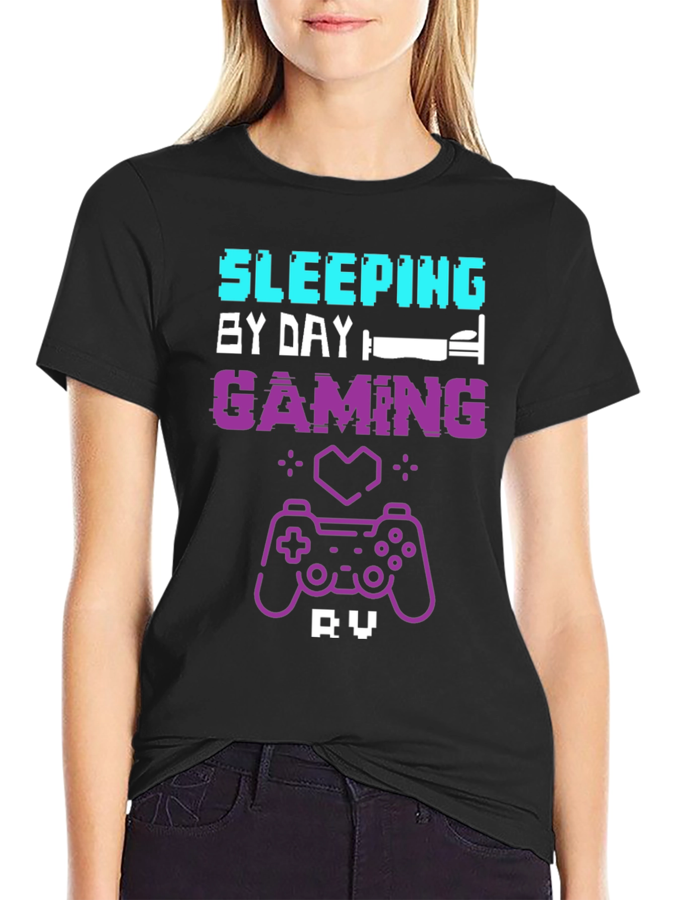 Black Gamer T-Shirt: Sleeping by Day, Gaming by Night view 2