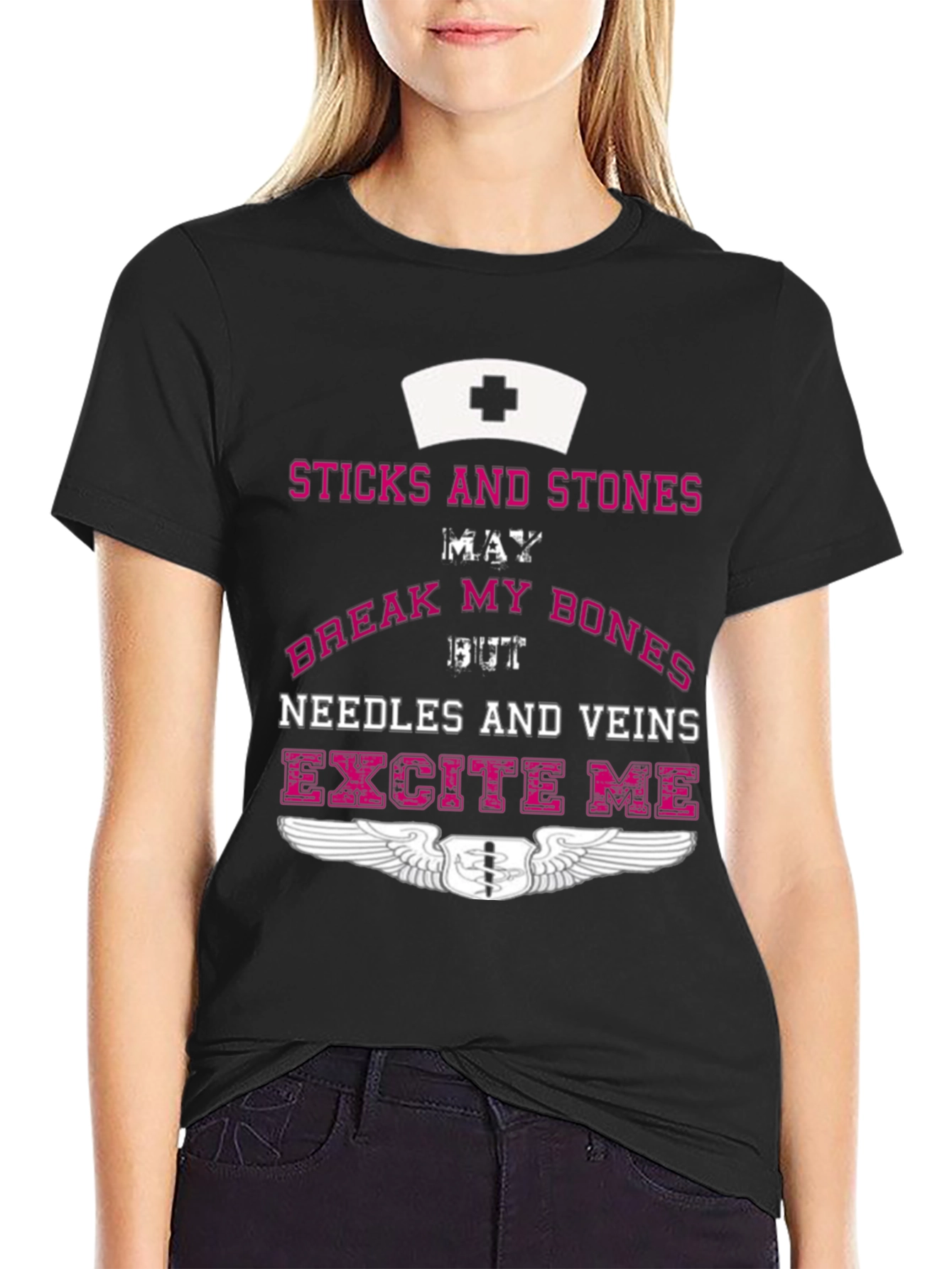 Black Nurse Humor T-Shirt - Sticks & Stones, Needles & Veins view 2