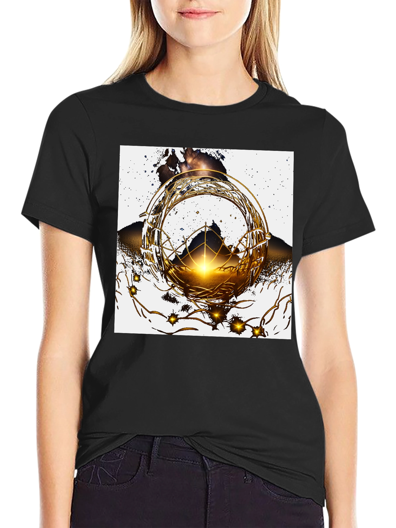 Black Geometric Gold Design Black T-Shirt view 2