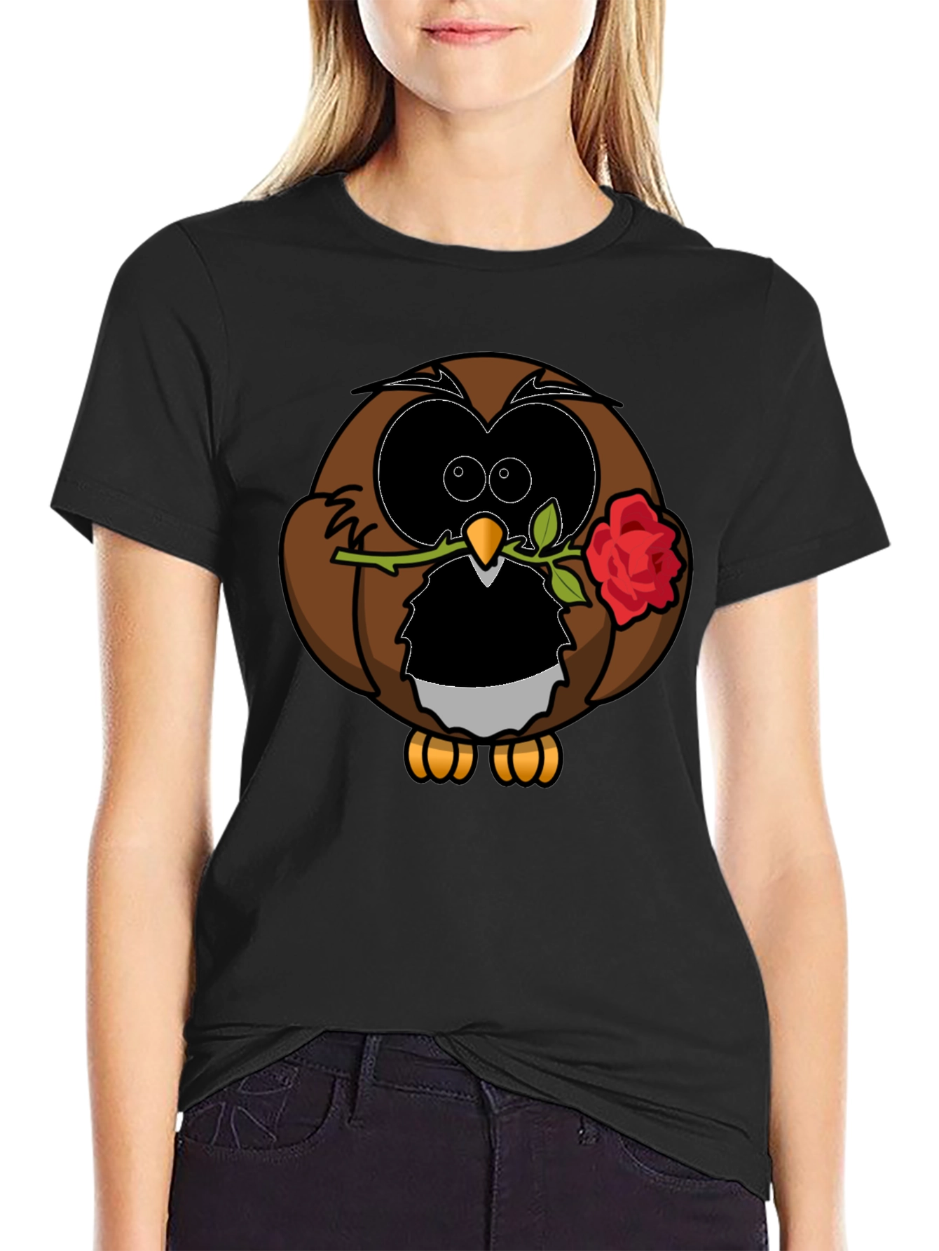 Black Owl with Rose Graphic T-Shirt - Black view 2
