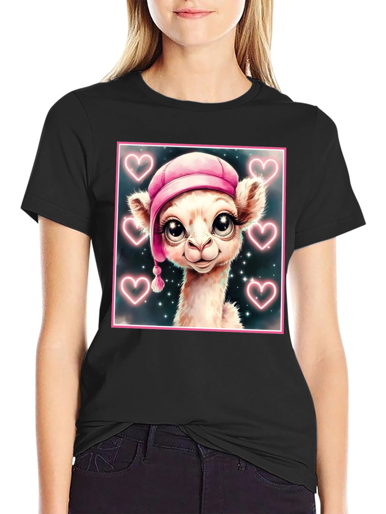 Black Cute Llama in Pink Hat - Graphic Tee view 2