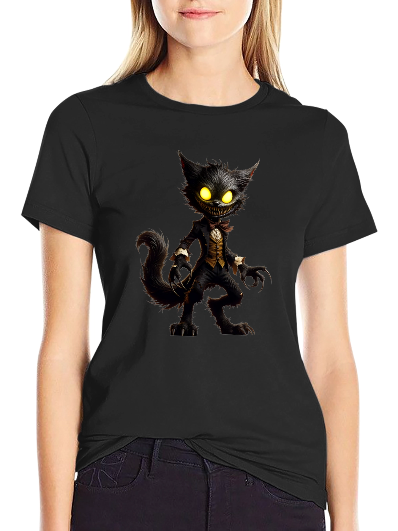 Black Creepy Cat T-Shirt - Unique Graphic Tee view 2