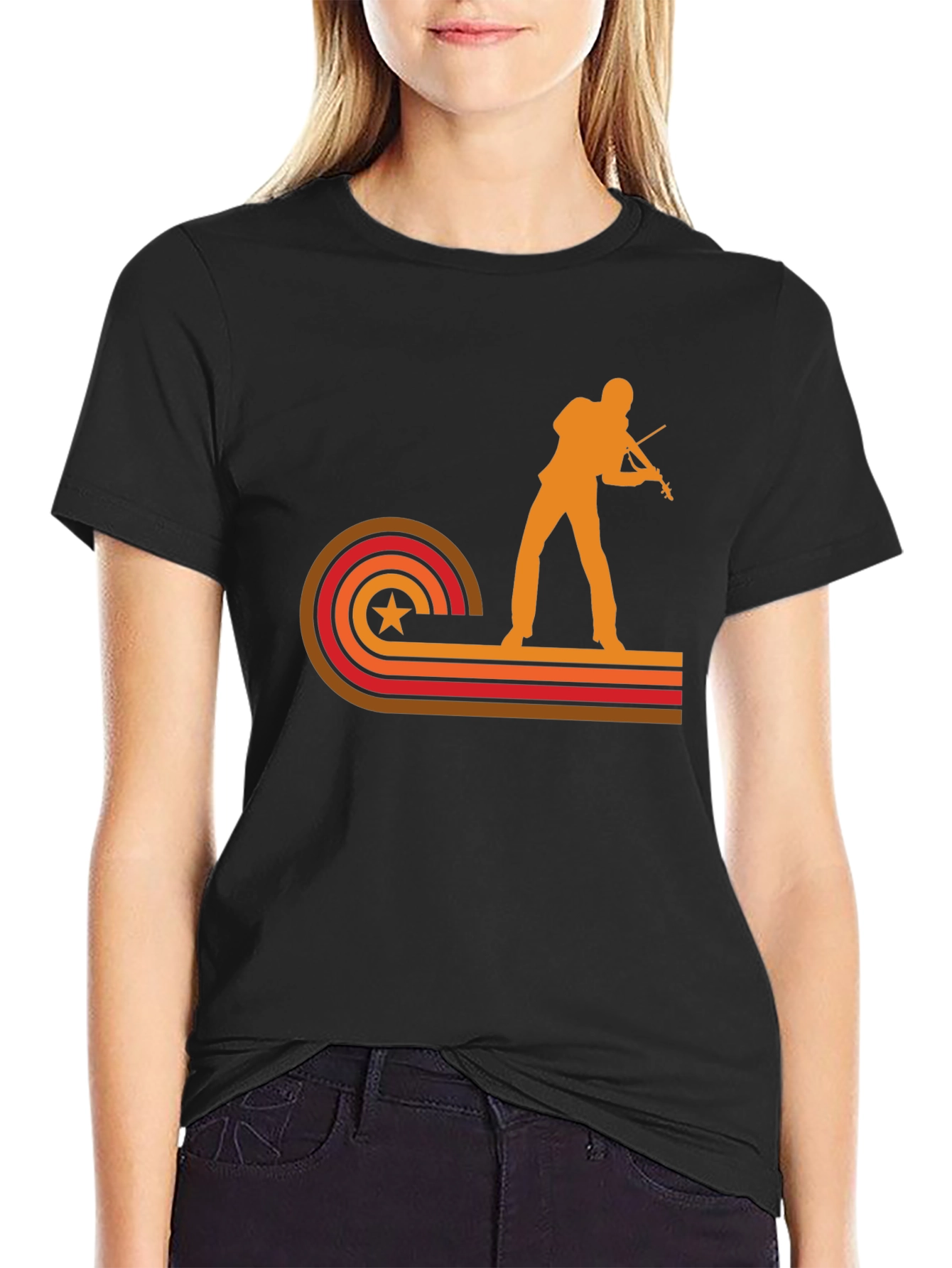 Black Retro Violinist Graphic Tee - Vintage Style Black T-Shirt view 2