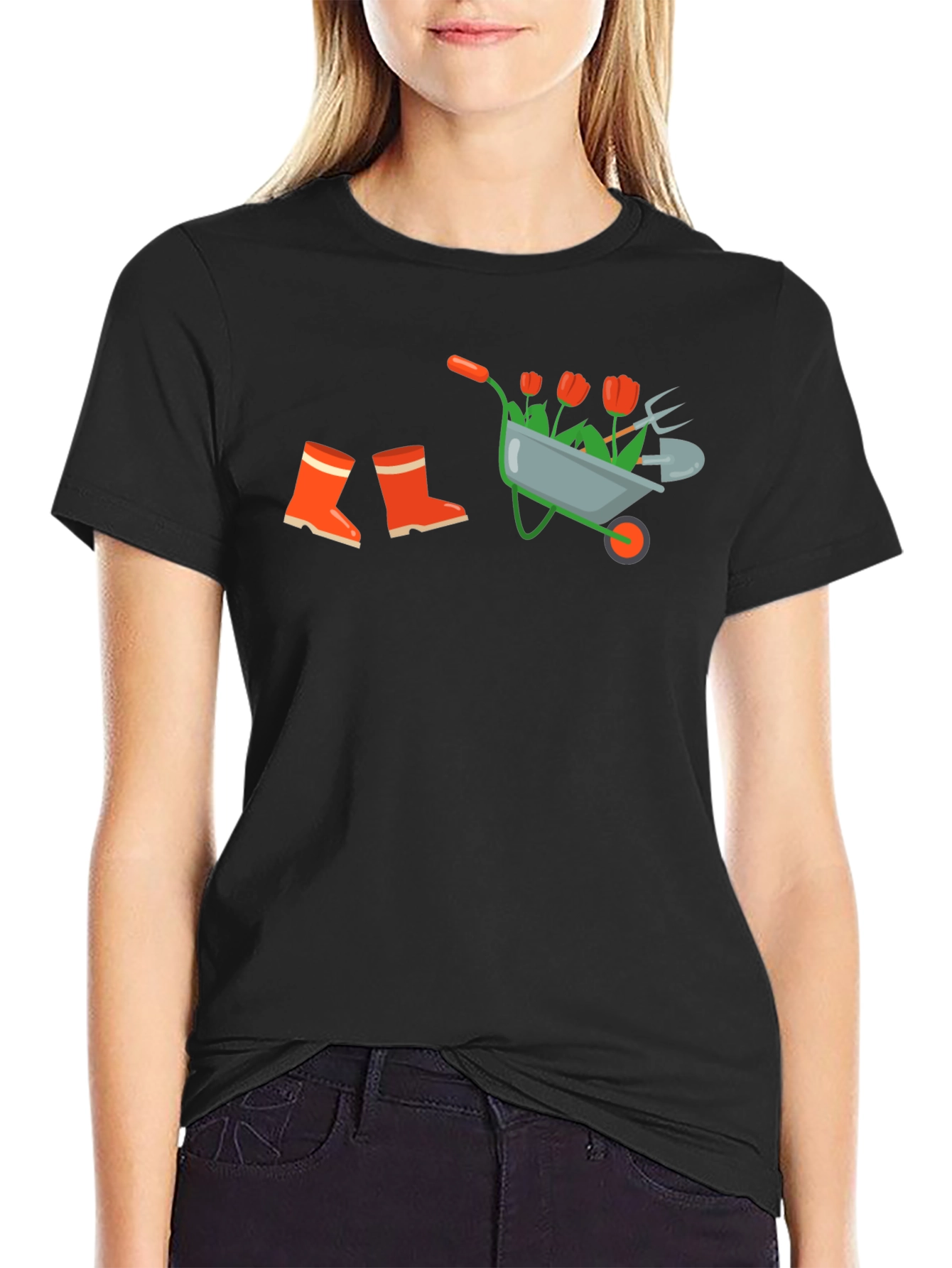 Black Gardening T-Shirt: Wheelbarrow, Boots & Tools Design view 2