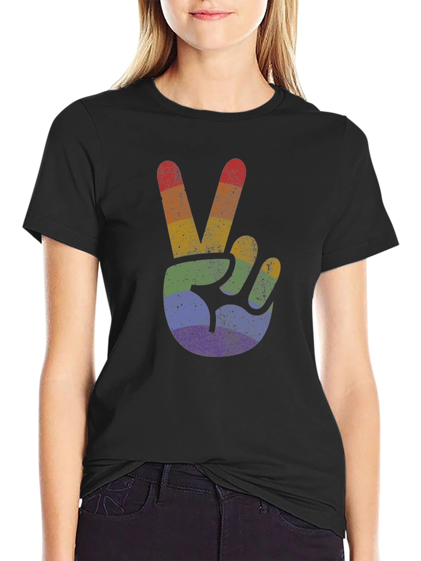Black Retro Rainbow Peace Sign T-Shirt view 2