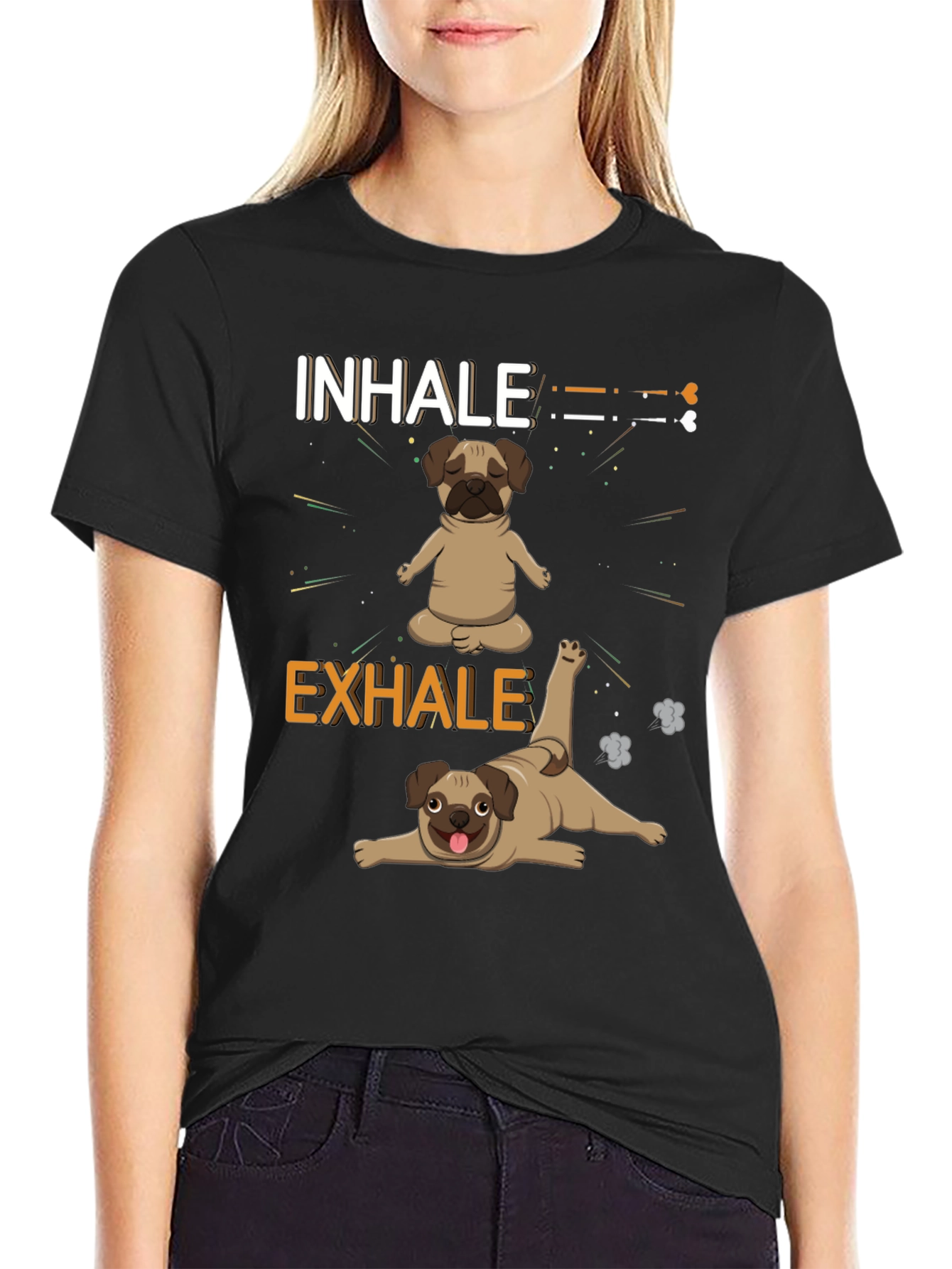 Black Yoga Pug T-Shirt: Inhale Exhale Funny Dog Tee view 2