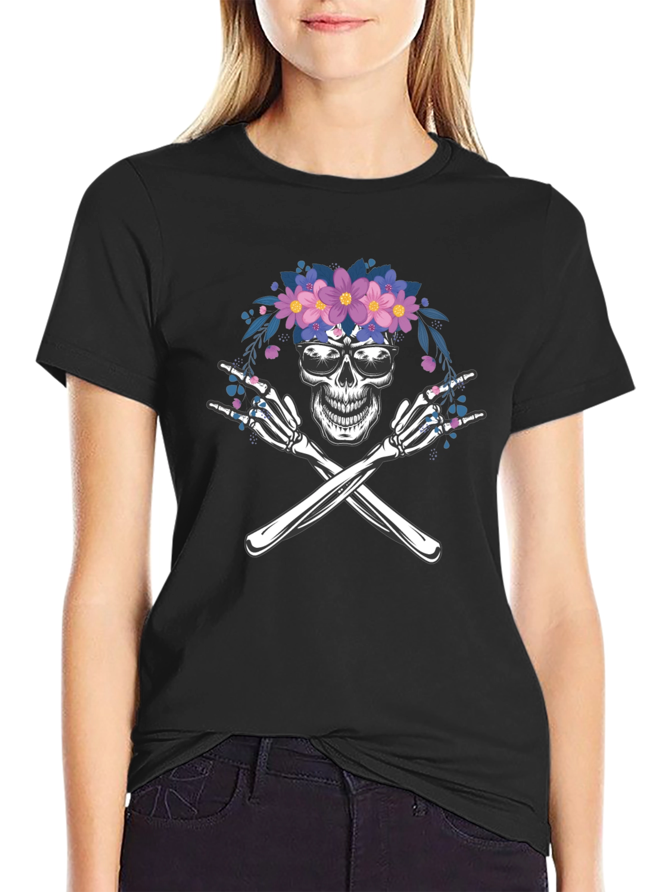 Black Skull & Crossbones Floral T-Shirt view 2