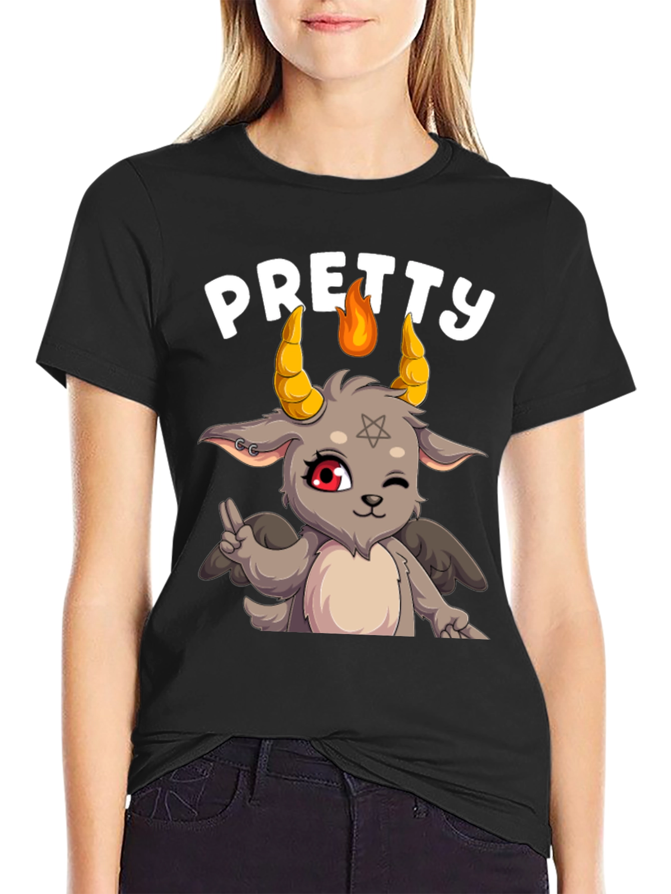 Black Pretty Baphomet Graphic Tee - Cute Satanic Goat T-Shirt view 2