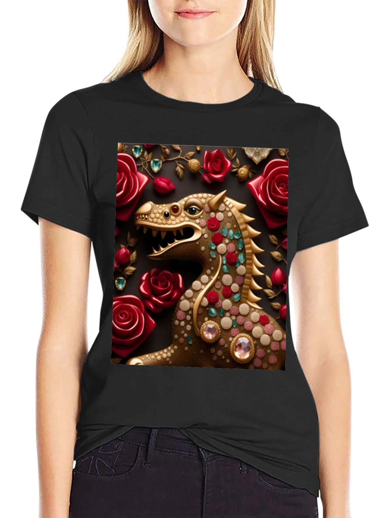Black Dragon and Roses Graphic T-Shirt view 2