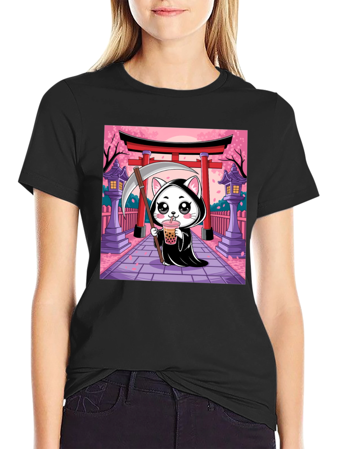Black Kawaii Grim Reaper Cat T-Shirt view 2