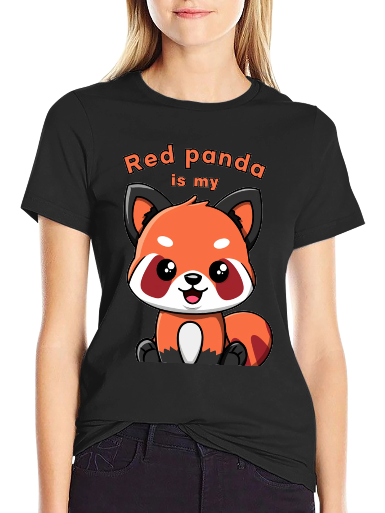 Black Red Panda T-Shirt Cute Cartoon Animal Tee view 2