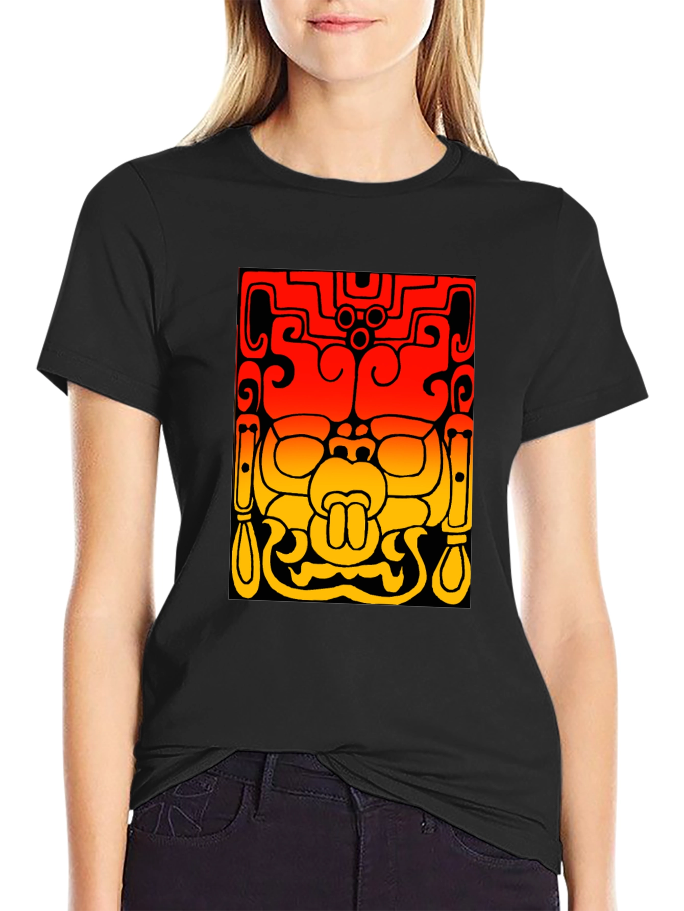 Black Mayan Mask Graphic Tee - Stylish Black T-Shirt view 2