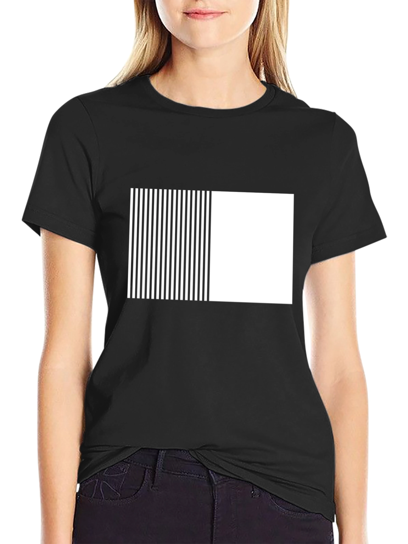Black Modern Black Tee with Geometric Stripe Block Design view 2