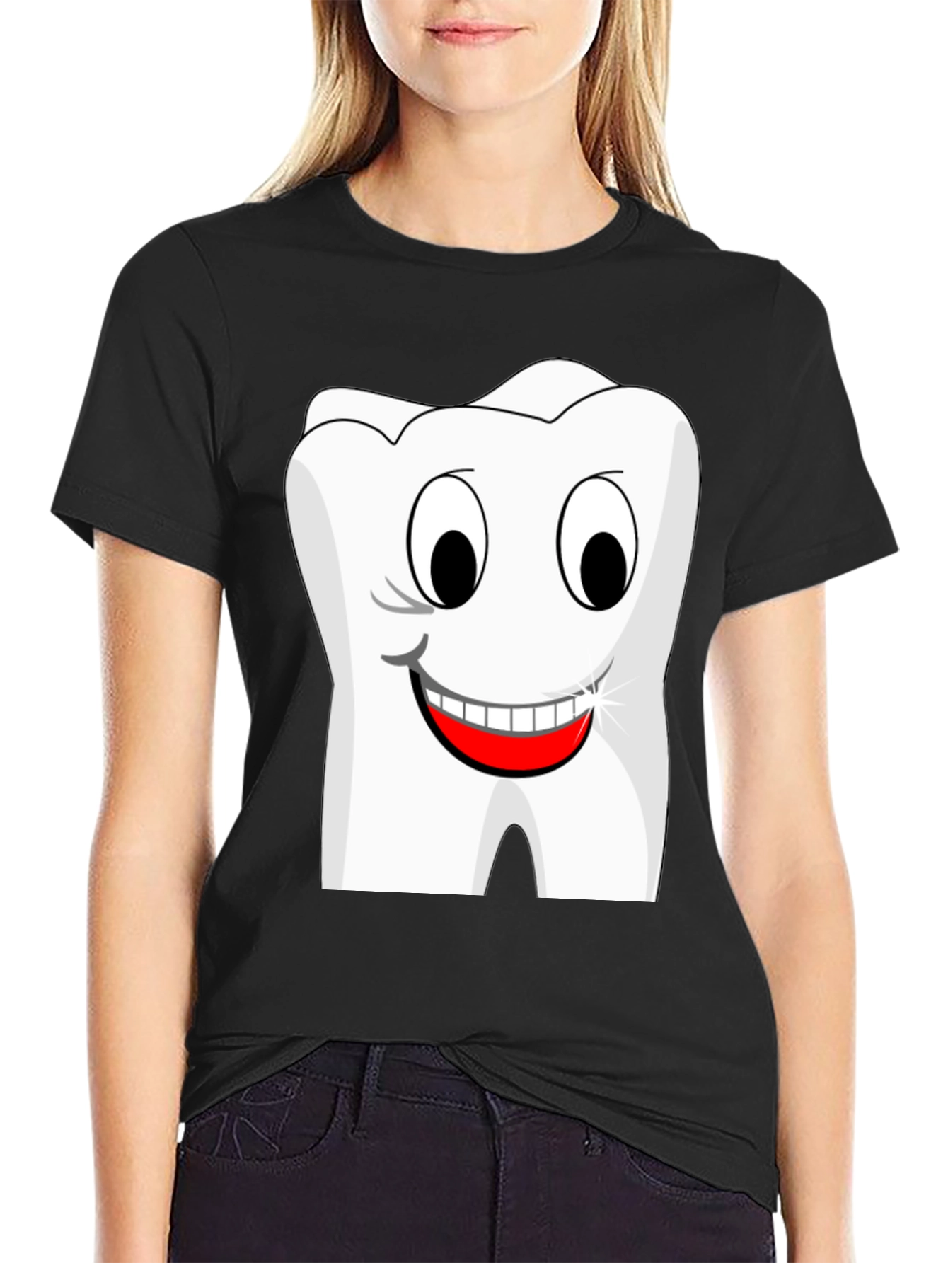 Black Funny Cartoon Tooth Graphic T-Shirt - Black Cotton Tee view 2