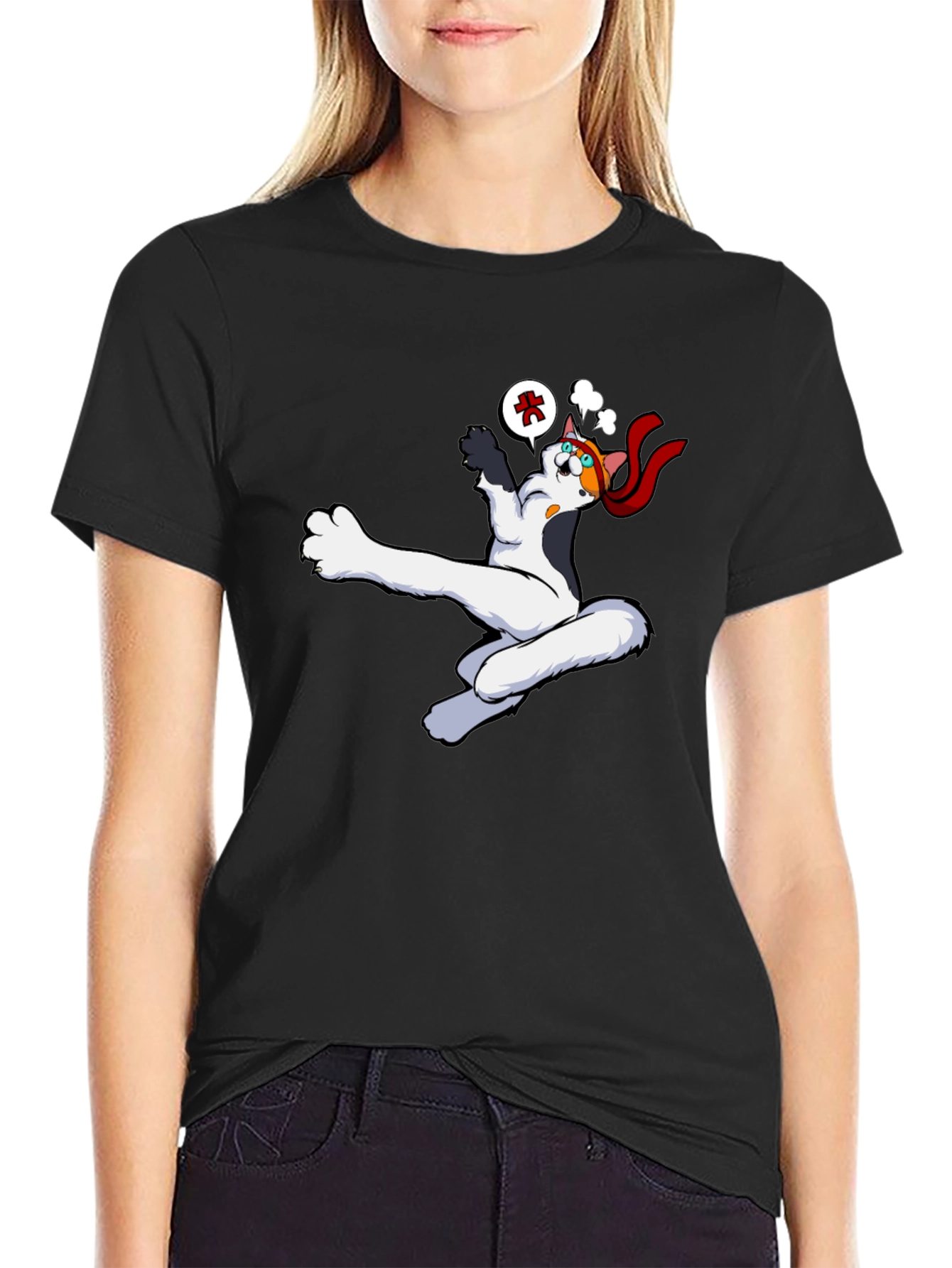 Black Funny Cartoon Cat Black T-Shirt view 2