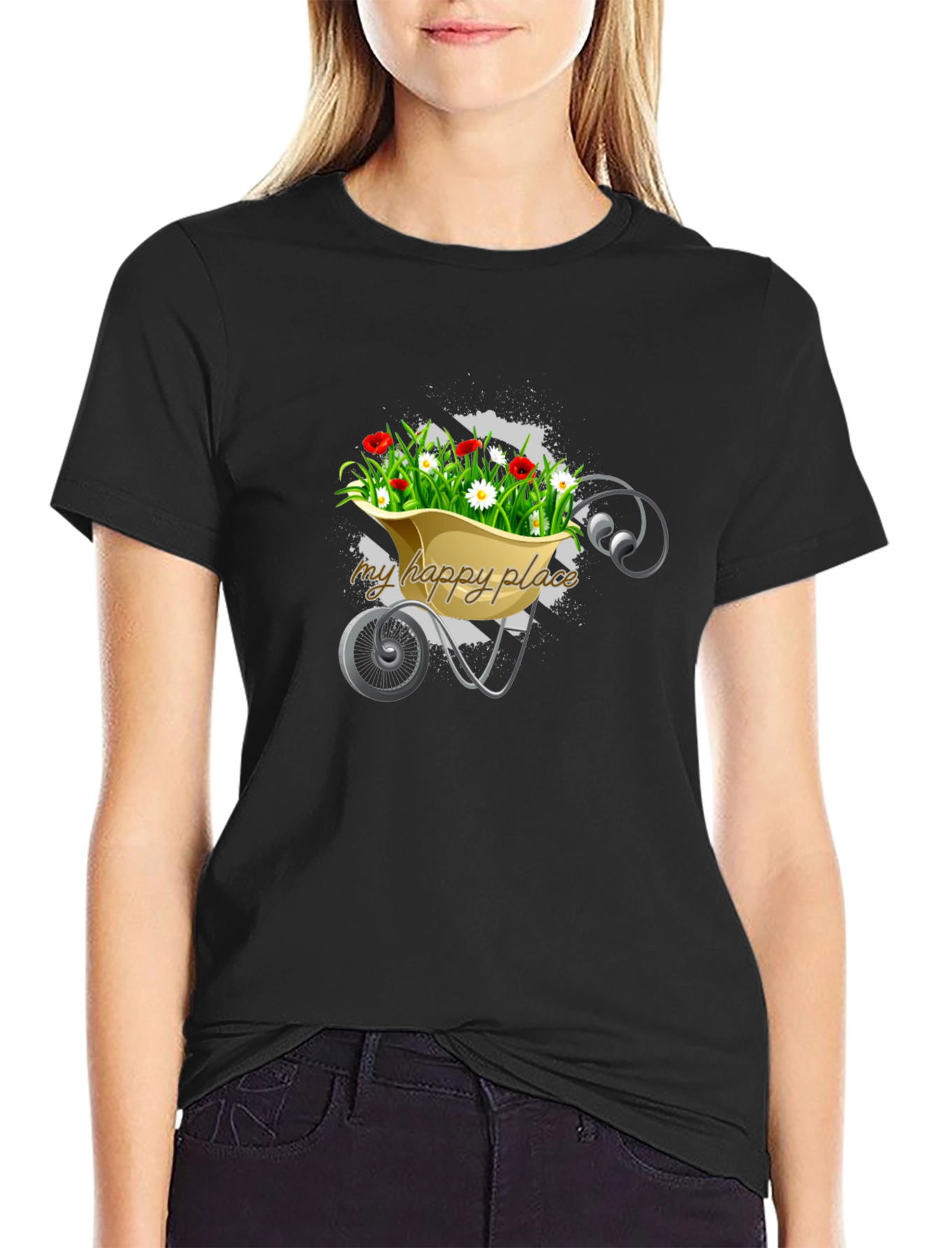 Black My Happy Place Floral Wheelbarrow Graphic Tee view 2