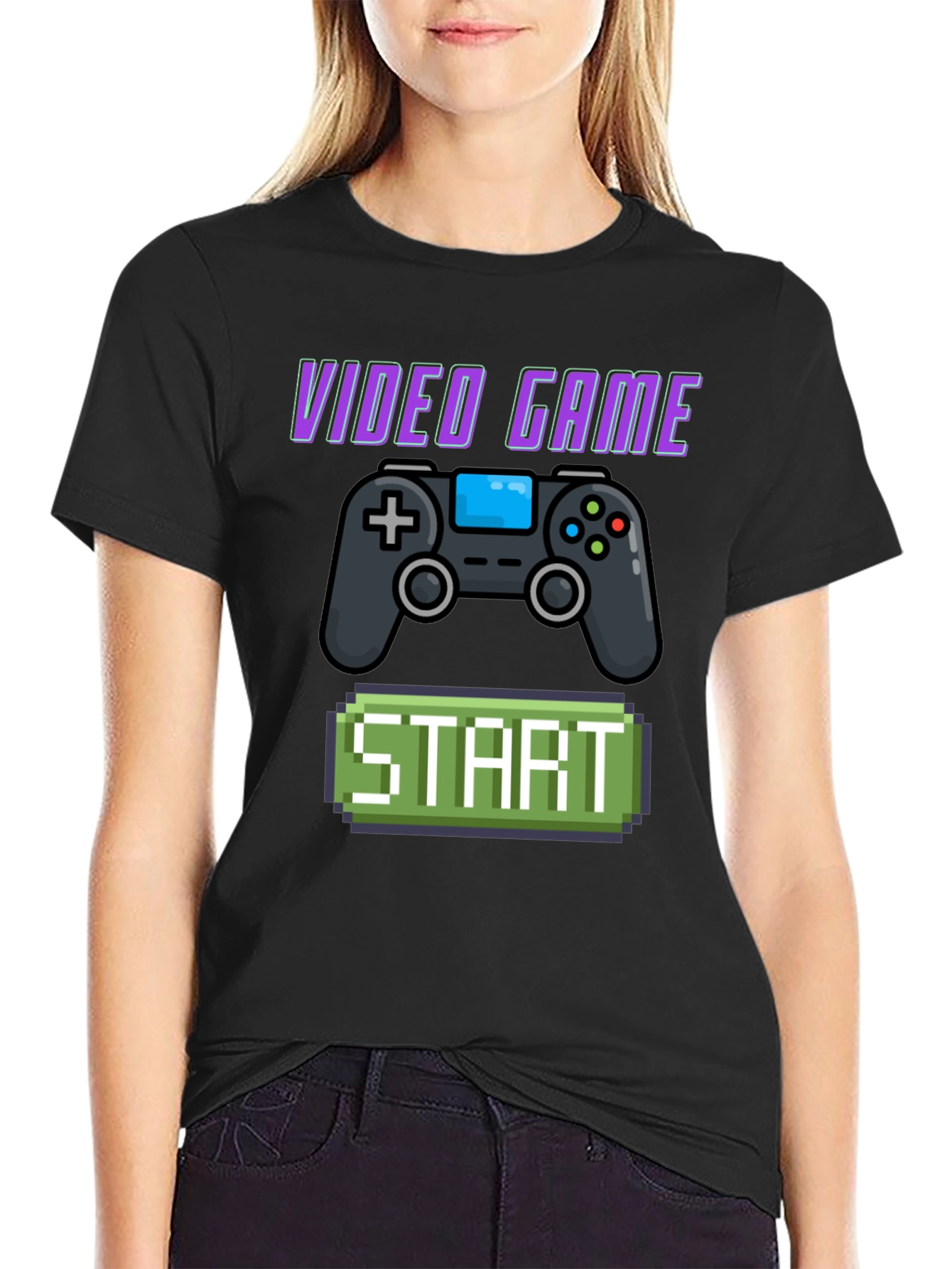 Black Video Game Start T-Shirt - Retro Gaming Style view 2