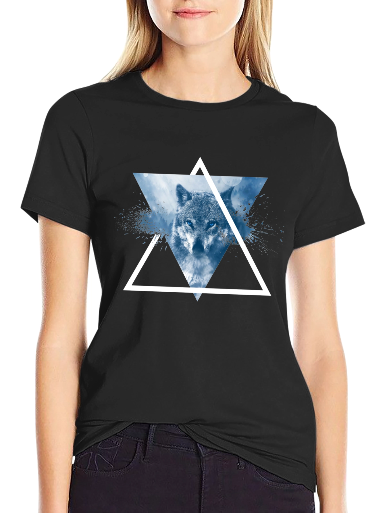 Black Wolf Triangle Graphic T-Shirt - Modern Design view 2