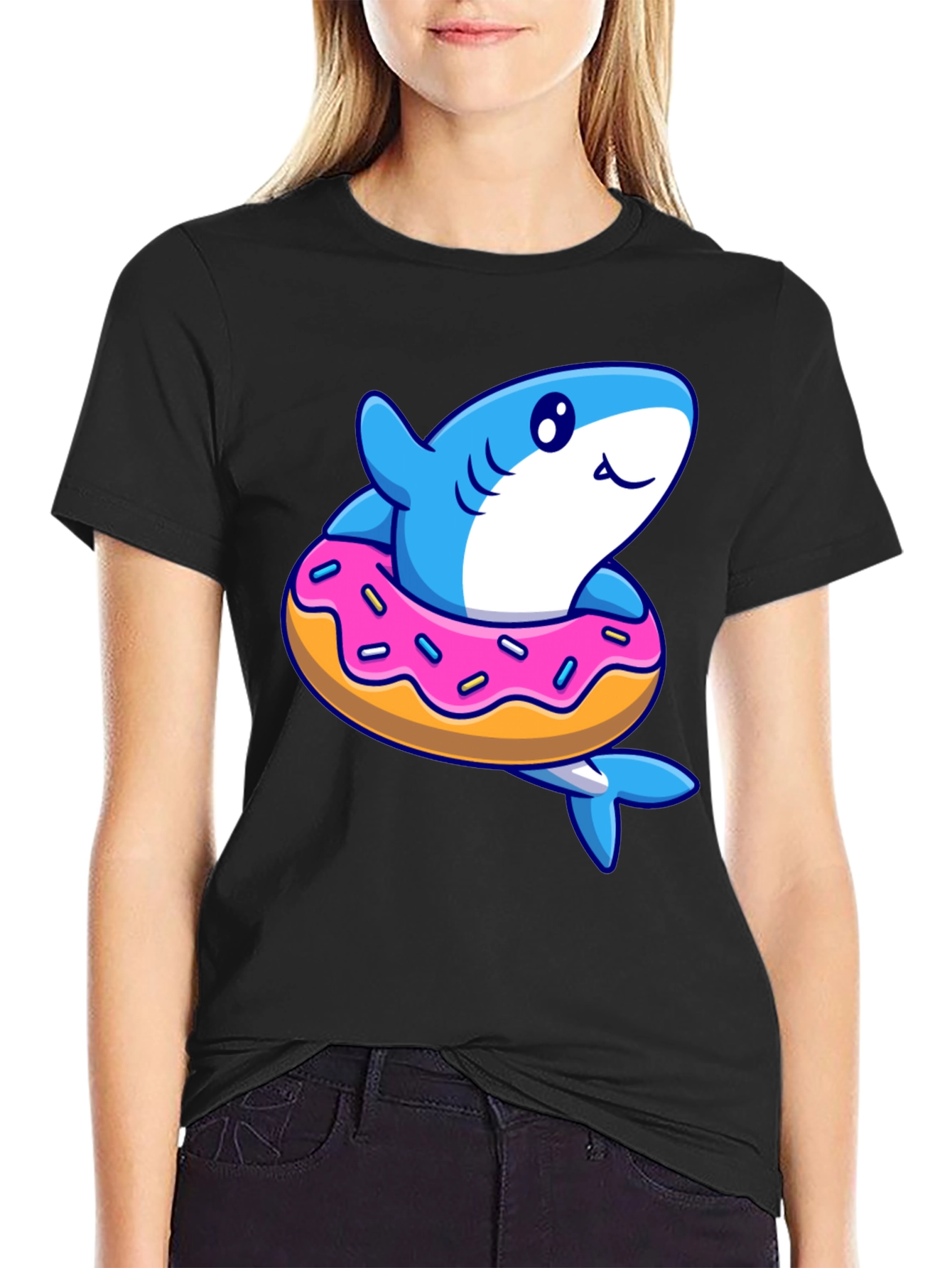 Black Shark Donut T-Shirt - Fun Cartoon Graphic Tee view 2