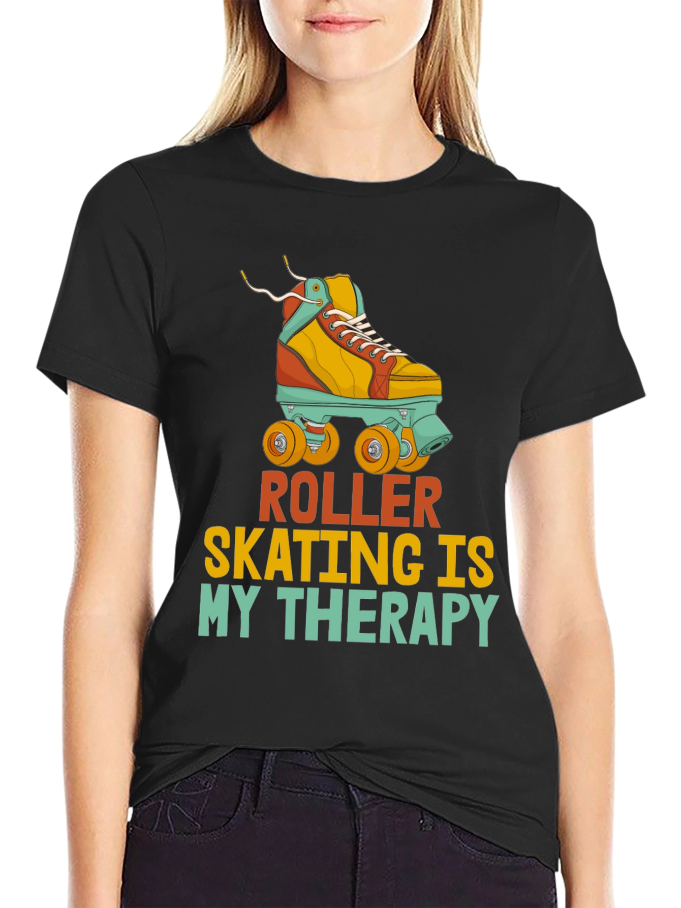 Black Roller Skating Therapy T-Shirt view 2
