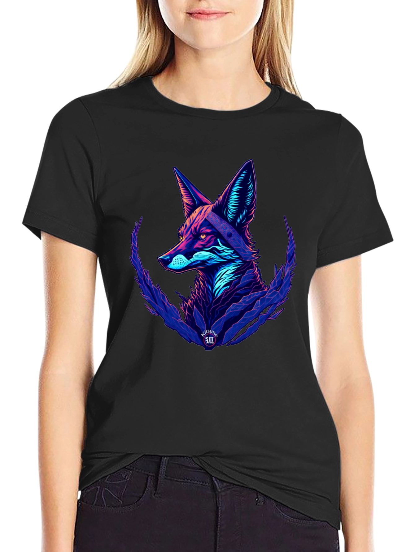 Black Neon Fox Graphic Black T-Shirt view 2