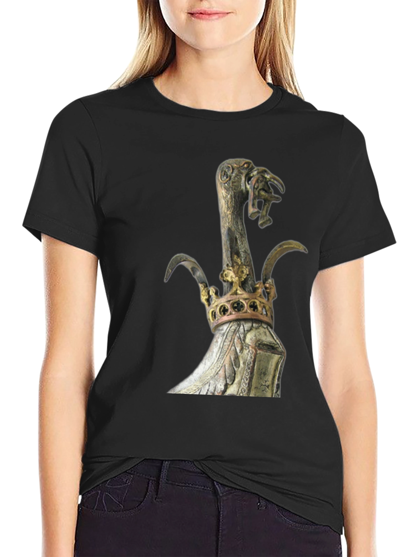 Black Black T-Shirt with Ornate Crown and Bird Scepter Design view 2