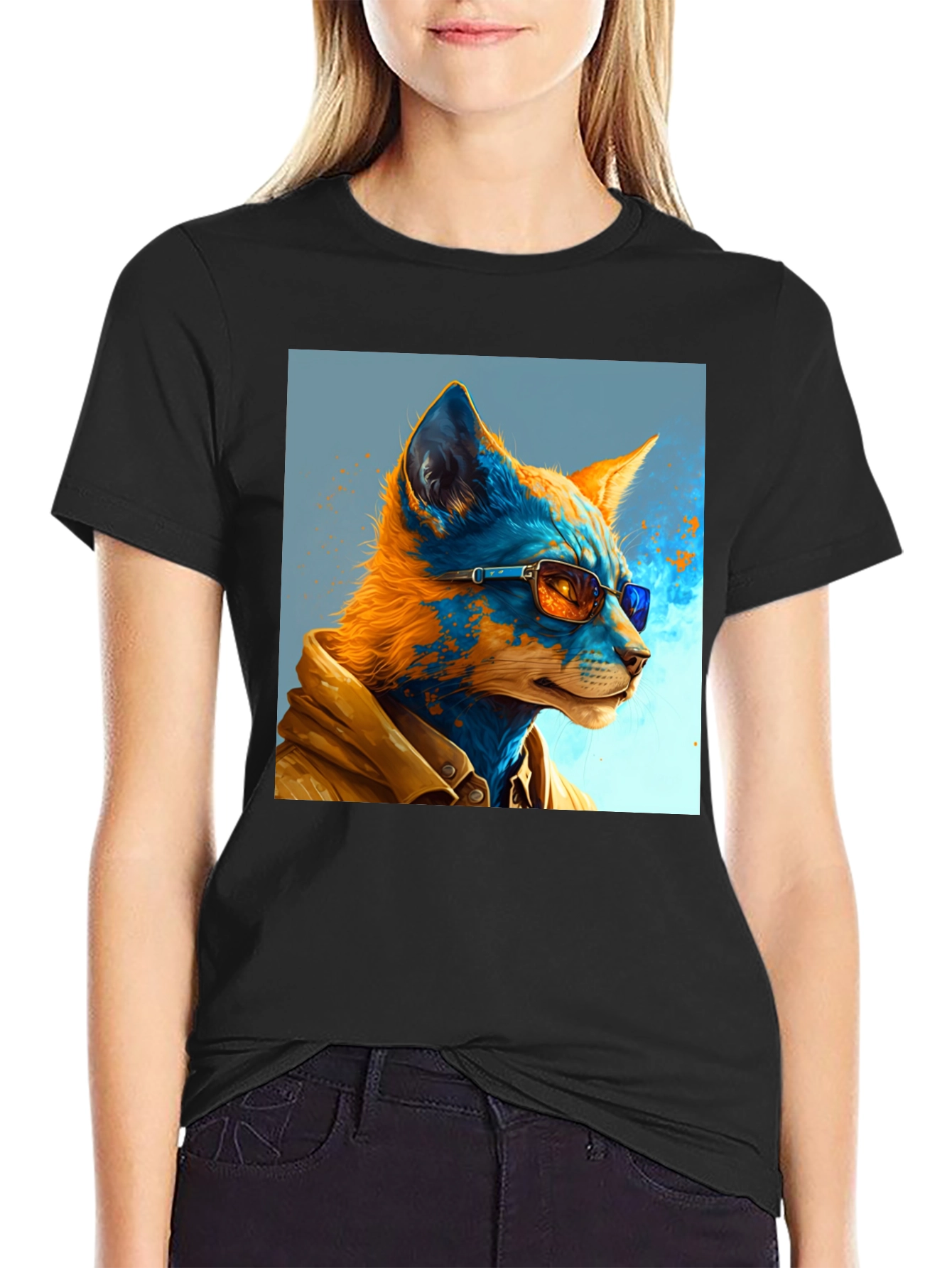 Black Stylish Fox Art Graphic Tee - Unisex Black T-Shirt view 2